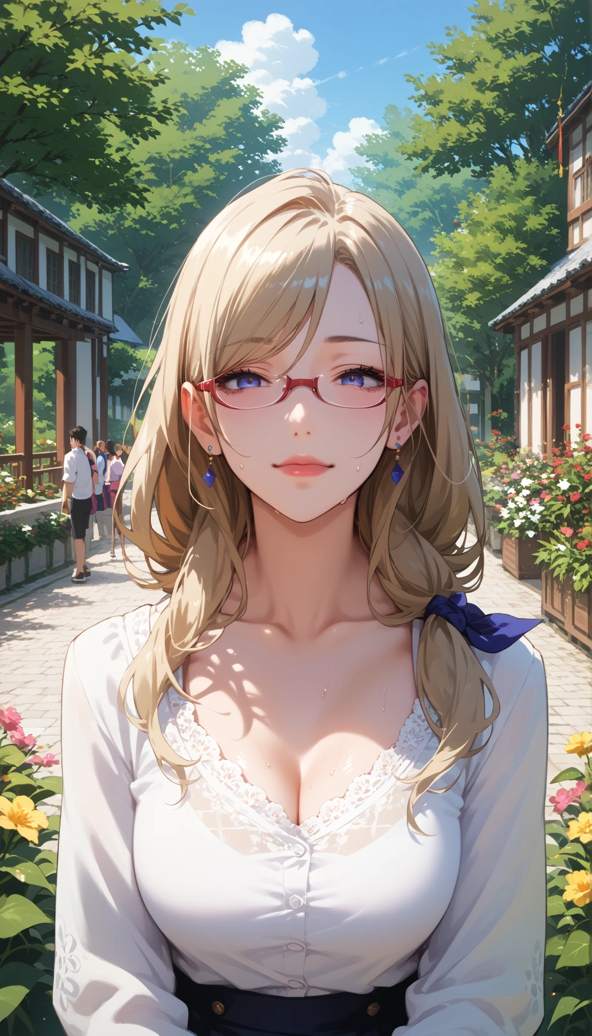 Score_9, Score_8_up, Score_7_up, Score_6_up, Score_5_up, Score_4_up, Source_anime, anime art, anime style, masterpiece, best quality, 1girl, mature woman, , , Rize Kamishiro,,sweating, looking at  you,   lips, , in pain face, long hair ,glasses on, casual clothes, in garden 