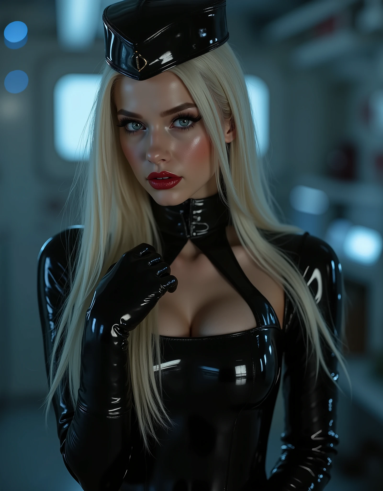 Highest quality、8K Masterpiece、Ultra-high resolution、(Realistic:1.3)、RAW Photos、 Scandinavian girl with very long sleek shiny blonde hair、Silvery blonde hair、Super long straight hair、Hair above the eyes、Hair between the eyes、White and glowing skin、 skinny legs,Ultra-Realistic Details、Portraiture、Global Illumination、Shadow Realm、Octane Rendering、8k、Ultra Sharp、Beautiful firm round fake breasts、cool colors、、Very intricate details、Realistic Light、Trends of the CG Association、so beautiful, Big bright blue eyes、Very big eyes、Eyes shining at the camera、Neon Details、Small Face Beauty、slim oval face、Cheek highlight, wearing glossy black latex catsuit with heart cut and gloves and thigh high boots, spiked choker, black latex officer's cap, looking at viewer, seductive smirk, bright indoor clinical lighting, 4k, backlight on hair, in a space station. intense sultry eye contact, dark winged eyeliner, reaslistic skin texture.photorrealistic. seductive glossy cherry red lips. dark glossy goth makeup. facing the viewer. looking with lust into the viewers eyes. horny face expression. firm fake round breasts. choker. sitting upright with legs spread on her lovers bed, thigh gap, legs spread, worshipping her master, manspreading, hands behind back, hands not visible,feet obscured and not visible