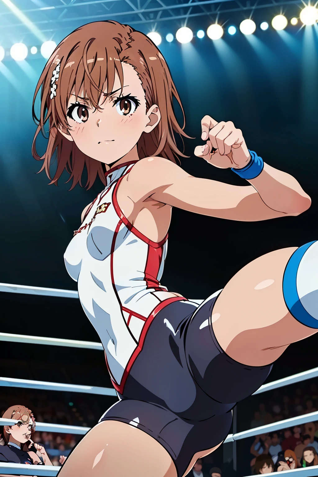 (masterpiece, best quality, high resolution, 8k:1.2), (anime coloring, official art:1.3), (short:1.3), perfect character design, highly detailed CG Unity 8K wallpaper, perfect face, perfect eye, perfect hair style, perfect body, beautiful body, beautiful skin, beautiful breasts, beautiful legs, beautiful hands, perfect hands, beautiful finger, beautiful face, beautiful eyes, symmetrical eyes, slim body, (1 girl), (misaka mikoto, brown eyes), (small breasts), (brown hair, short hair, bangs, eyebrows visible through hair, hairpin), (wrestling, Wrestling wear, wrestling ring, tights), (fighting stance:1.1), (cowboy shot), (dutch angle), (looking at the viewer),