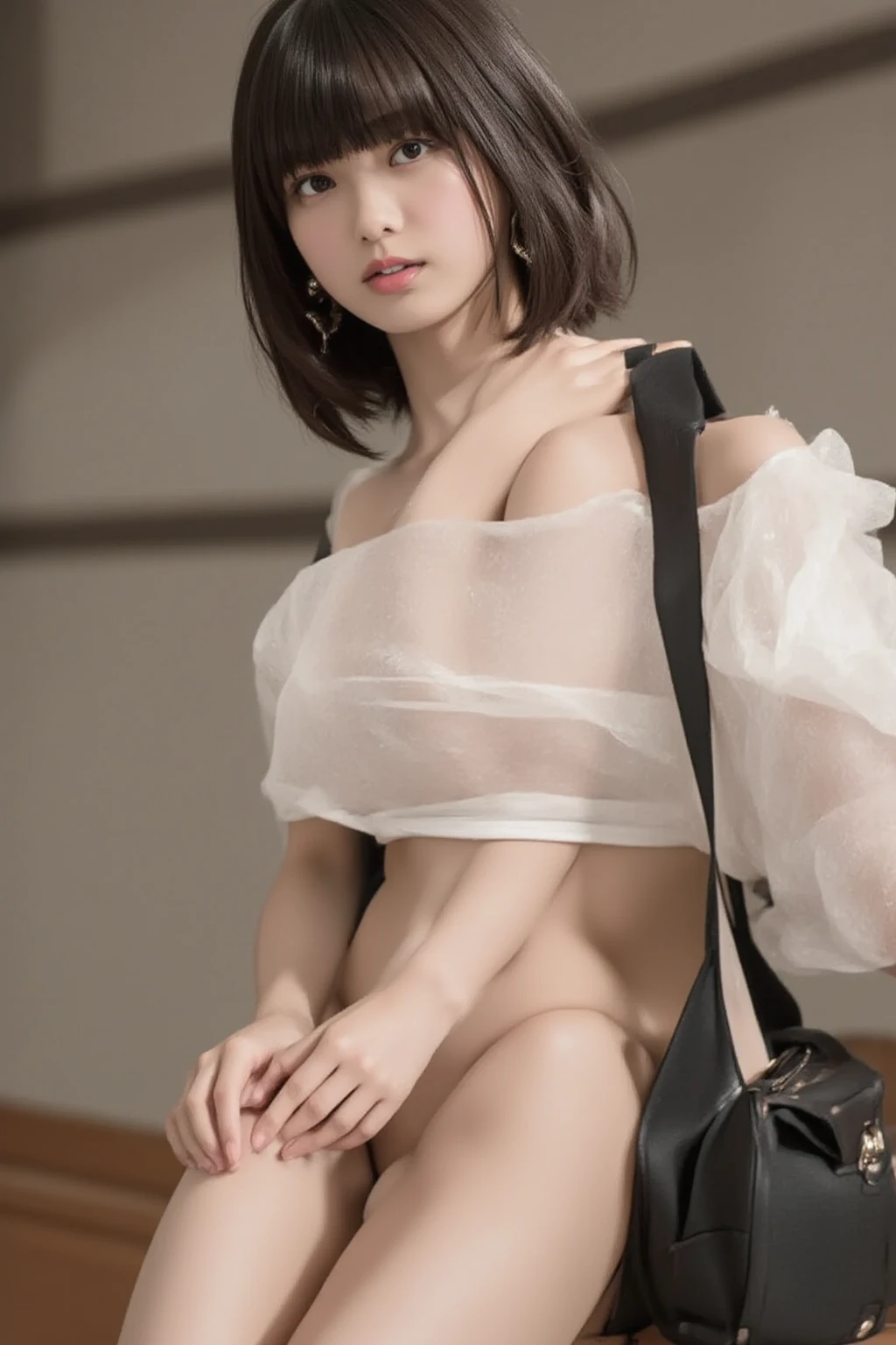 ((masterpiece, best quality)),((highres:1.2)), 1 Girl, solo, Blurred Background, (((Small ???????:1.2))), Thighs, (Stripe ?????????), ???????