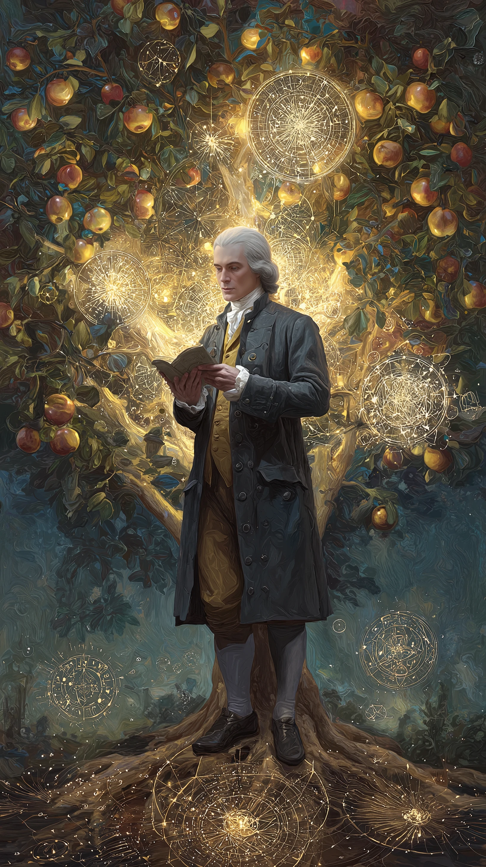 magical realism portrait of a Isaac Newton under the apple tree, but the apples are glowing like constellations and the tree's roots form intricate mathematical diagrams in the soil. Photorealistic, ethereal glow, celestial, symbolic, masterpiece, sharp focus.