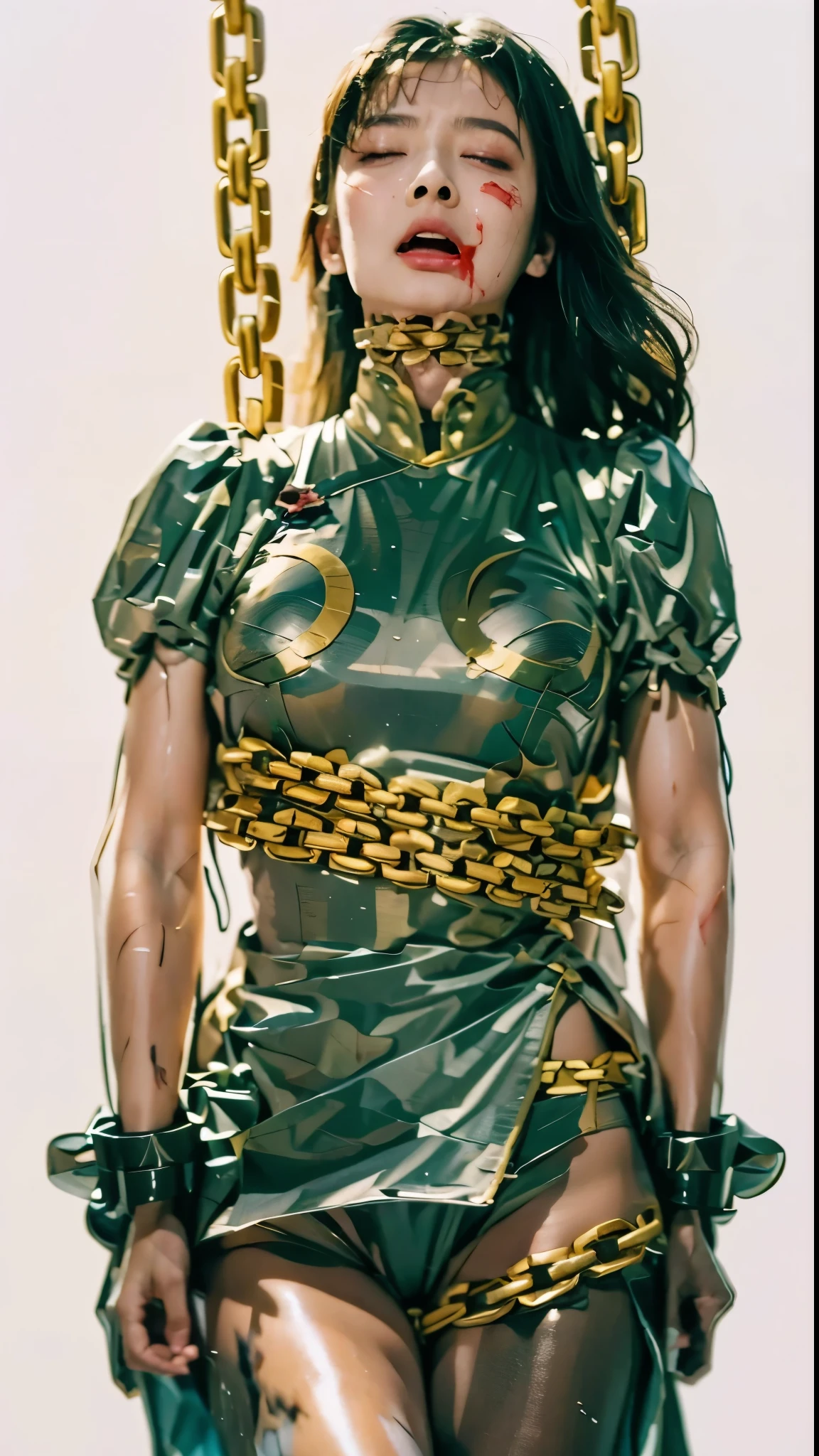 , is suspended in the air while being 鎖でつながれた while losing her mind, is hung from above while being tied with a chain, is bound to a thick chain, 悲劇的な調子, is bleeding, がbleeding from mouth, がwounded, 痣, , 汗, is wet, がclosed eyes, 苦悩の表現, ryona, 鎖でつながれた, is limp, 's hands and legs hang loosely down, 's costume is torn(衣装が破れて胸が露出している, 乳首, へそが見える, nsfw), ハイパーリアル, 写真リアル, リアリスティック, 傑作, 8k, 高画質