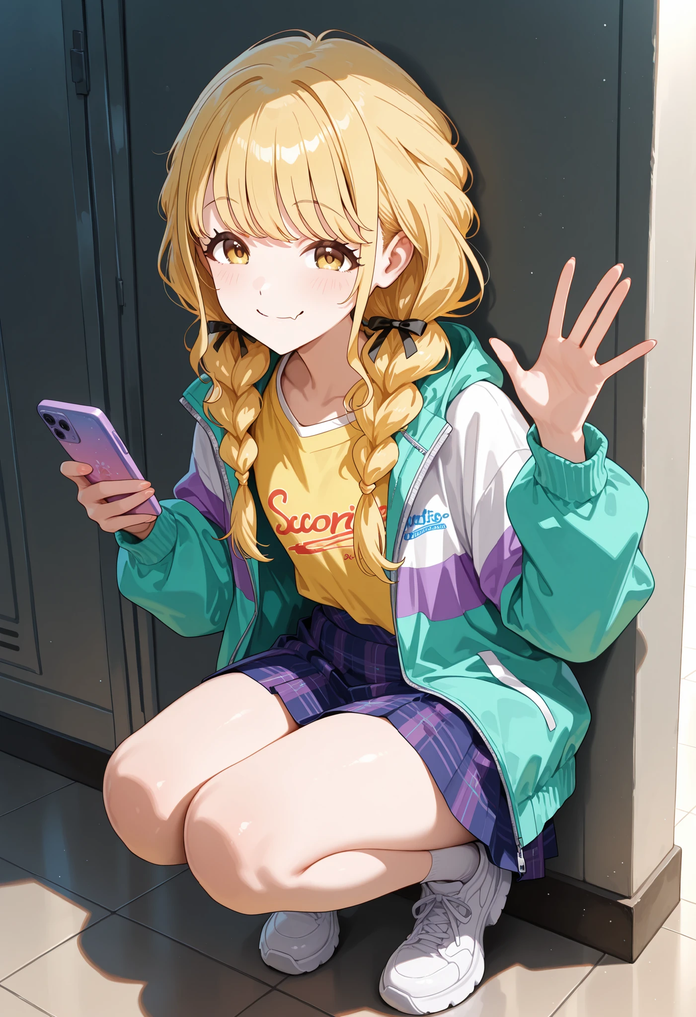 1girl,fujita kotone,gakuen idolmaster,safe,skin fang,yellow eyes,blonde hair,long hair,twin braids,hair ribbon,multicolored jacket,yellow shirt,blue plaid skirt,flat chest,smile,crouching,knees together,waving one hand,holding smartphone,looking at viewer,full body,in dance lesson room,against wall,under shade,masterpiece,high score,great score,newest,absurdres,highres,safe,very aesthetic,intricate details,vibrant,