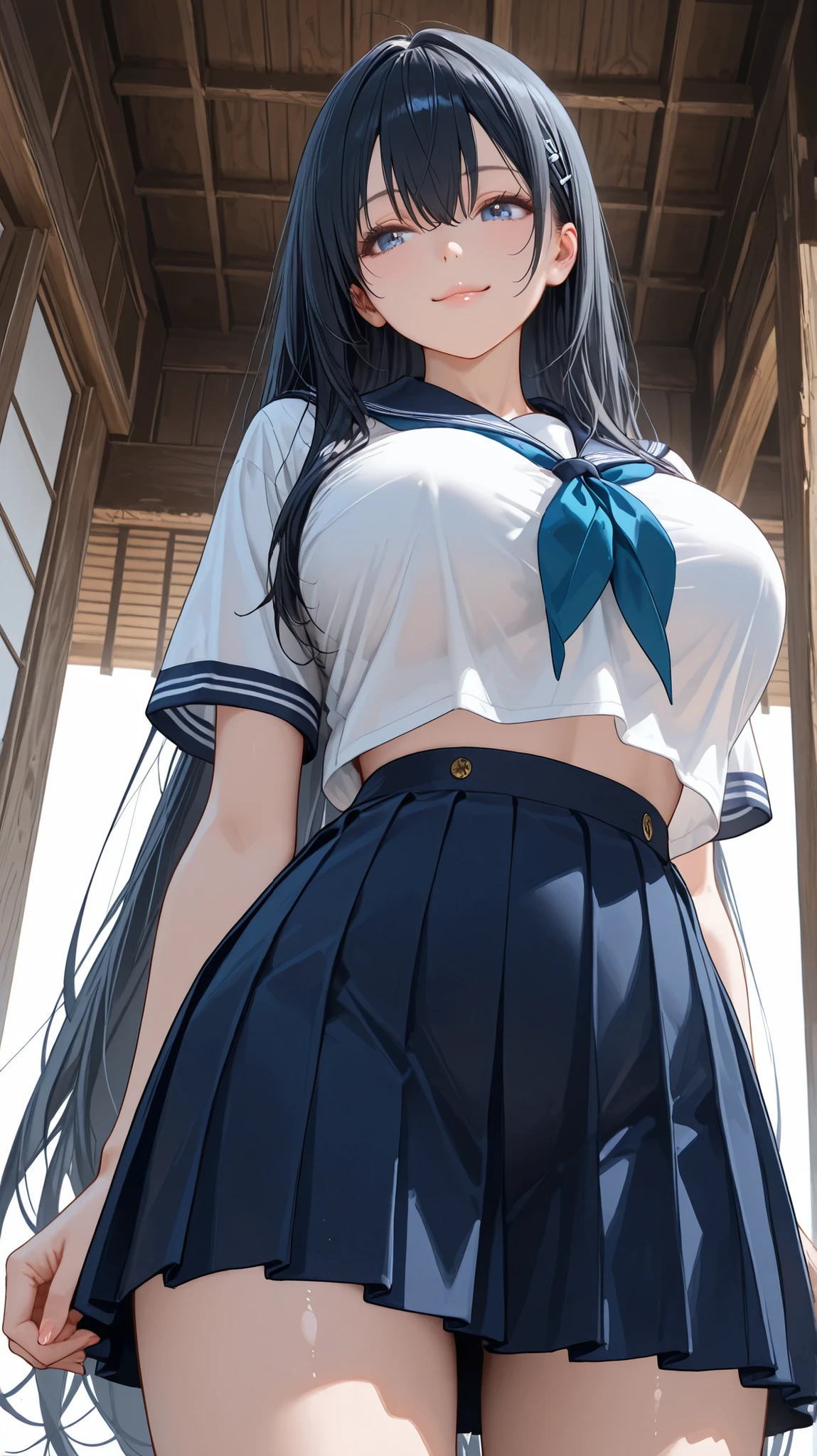YOUNG AND CUTE GIRL, 14 years old, 1girl, extremely detailed face and eyes, Navy Blue Eyes , perfect eyes, Curly Lashes, BLACK HAIR BREAK, unnaturally long hair , Airban, hair catches your eye, side lock, Highest hair Quality, BREAK (gigantic breasted), Slender body, Realistic Skin Texture in Every Detail, shiny lips, (intricate cropped sailor suit:1.2, pleated skirt), perfect finger, perfect hands, perfect anatomy, BREAK shy, seductive pose, Smile, (sharp and clear focus), (Cowboy Shots), from below, staring at something else, BREAK Inside an Old Japanese Wooden House A, Highest lighting and shadow effects, perfect composition, Physically Based Rendering, BREAK score_9, score_8_up, score_7_up, ASCII score_9, Source_anime, Rating_Safety, Quality_masterpiece, Quality_Highest, (absurdres-high-resolution:1.2), amazing Quality, very aesthetic, Newest, Extremely Detailed Description,