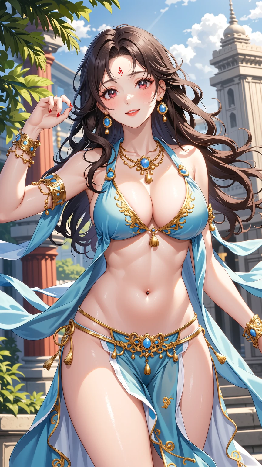 (masterpiece), best quality, expressive eyes, perfect face,(glitters:0.9), (Sparkle:0.9), (Shine:0.9), (Best quality), (Masterpiece:1.2), (Anime style),Extremely colorful，Colorful，Beautiful and delicate face and hair，Complete body,wavy hair，Lace，folds，Ruffles， stocklinguffin shoes，Seductive pose，The background is a beach at sunset，the night，Ready to get started,smiles,(huge breasts),cleavage,gold jewelry,bangles,bracelet,skirt, navel,midriff, (red and white clothes), dancing,((bare shoulders)),light particles
