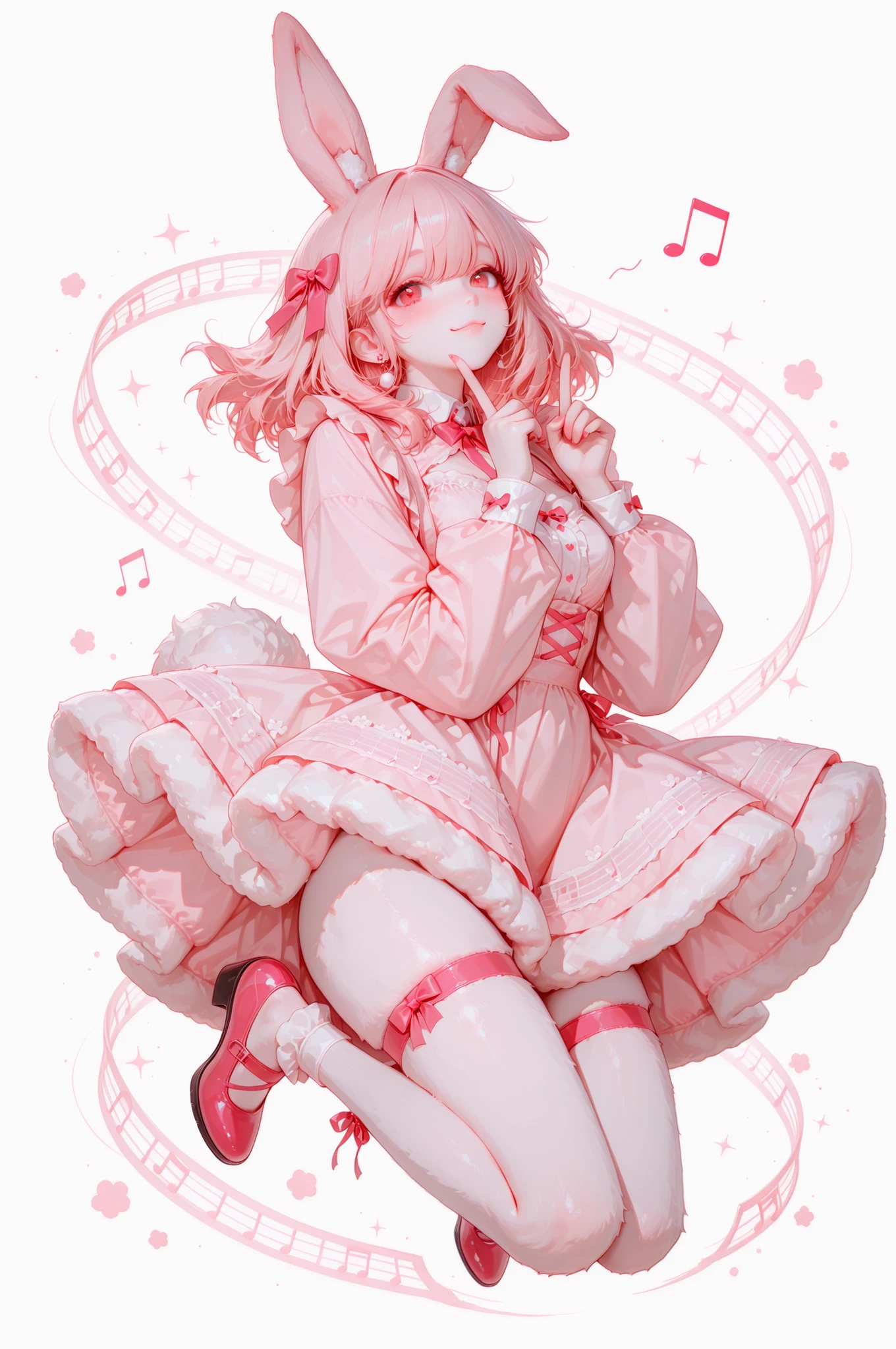 score_9,(masterpiece, best quality, dynamic angle,8k),1girl,cute,kawaii,bishojo,lolita fashion,(fluffy furry body),medium hair,round eyes,tareme,red eyes,furry rabbit ears,smile,fur outfit, wearing pale pink dress,,(jumping in the air:1.2),floating,up one knee, inner legs,thighs together,from front, looking viewer,(both index fingers raised),white background,Musical note,her clothes fluttering with the motion,full body,pink shadow,