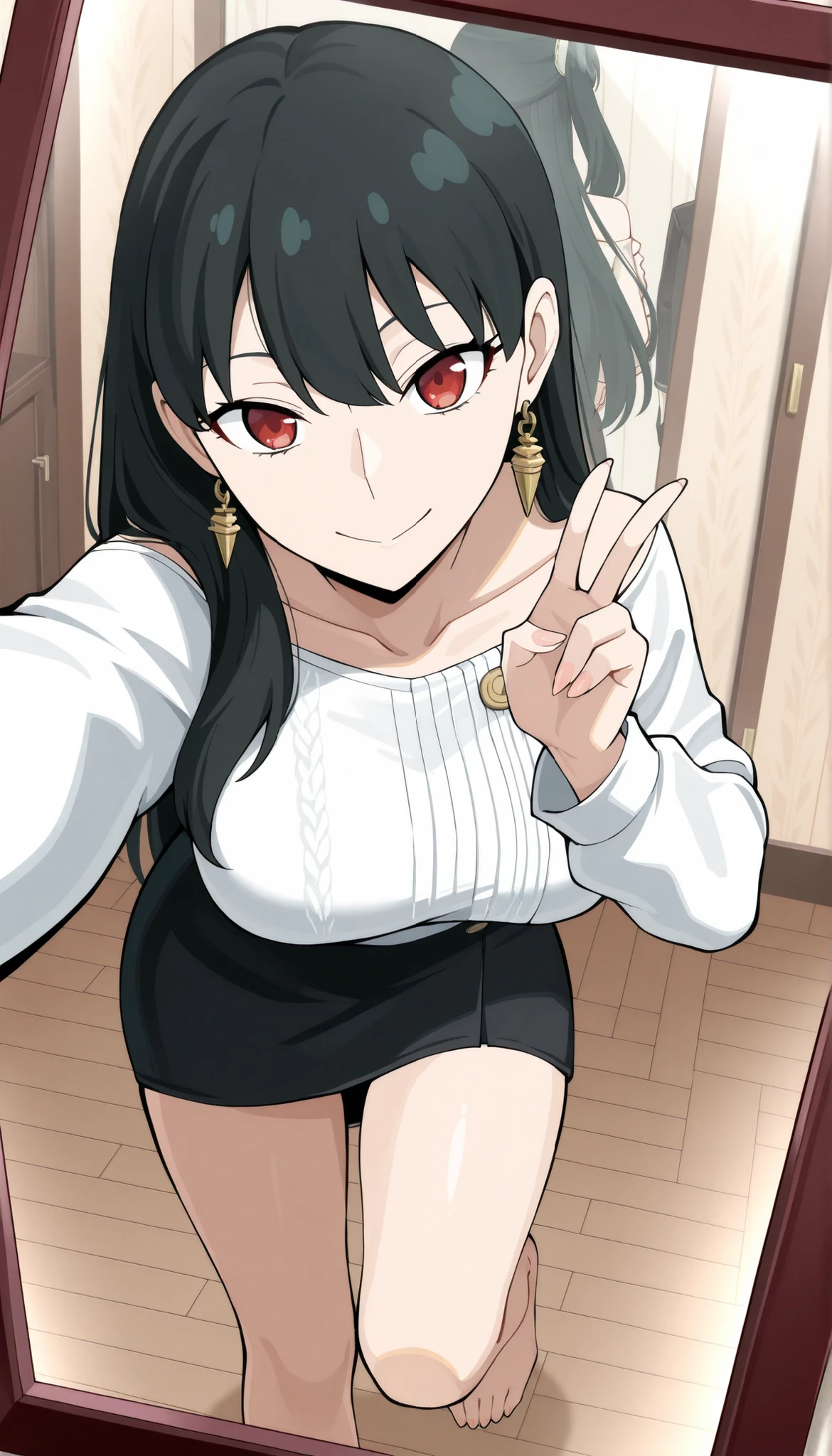 Yor Forger,(((medium Breast))),dark haire, Black tight skirt,white t-shirt,((selfie)),(Through the Mirror),long hair,Ulchan -6500-v1 .1, (RAW images:1.2), beautiful detail, very detailedな目 beautiful eyes,beautiful eyes,red eyes,octane rendering, high resolution, very detailed, Highest Quality, [masterpiece:1.6], Awareness-raising, very detailed, CG, is fine, Highest Quality, 8K Wallpaper, perfect body,very detailed,thighs,close-up,Bare feet