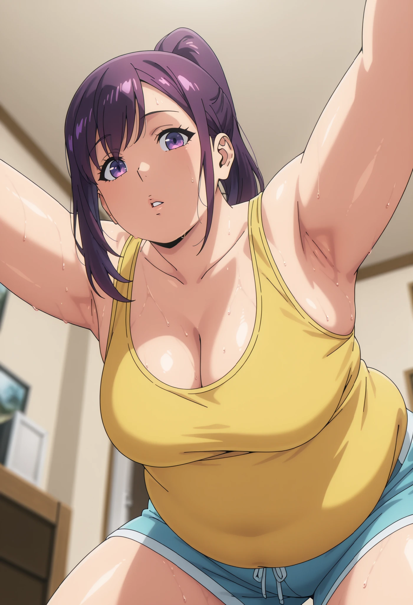 plump,chubby,fat,obese,WeightImmobile,hyper obese,anime screencap, masterpiece, best quality,
1girl, solo, parted lips,
purple hair, purple eyes, high ponytail,
JinahHome, t-shirt, yellow shirt, blue shorts, cleavage, medium breasts,
all fours, looking at the viewer, sleeveless, arms up, 
indoors, living room, blurry background, armpits, shiny skin, sweaty, sweat drop, from below, palate