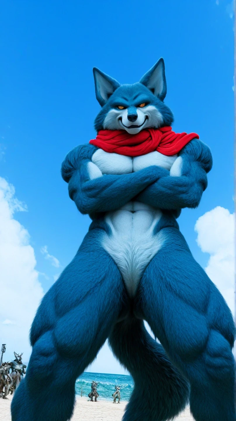 An adult muscular male Fox fursuit alone in Ireland looking at the viewer with a seductive smile green fur and red eyes wearing a long blue coat a 28 year old boy Full body view ????