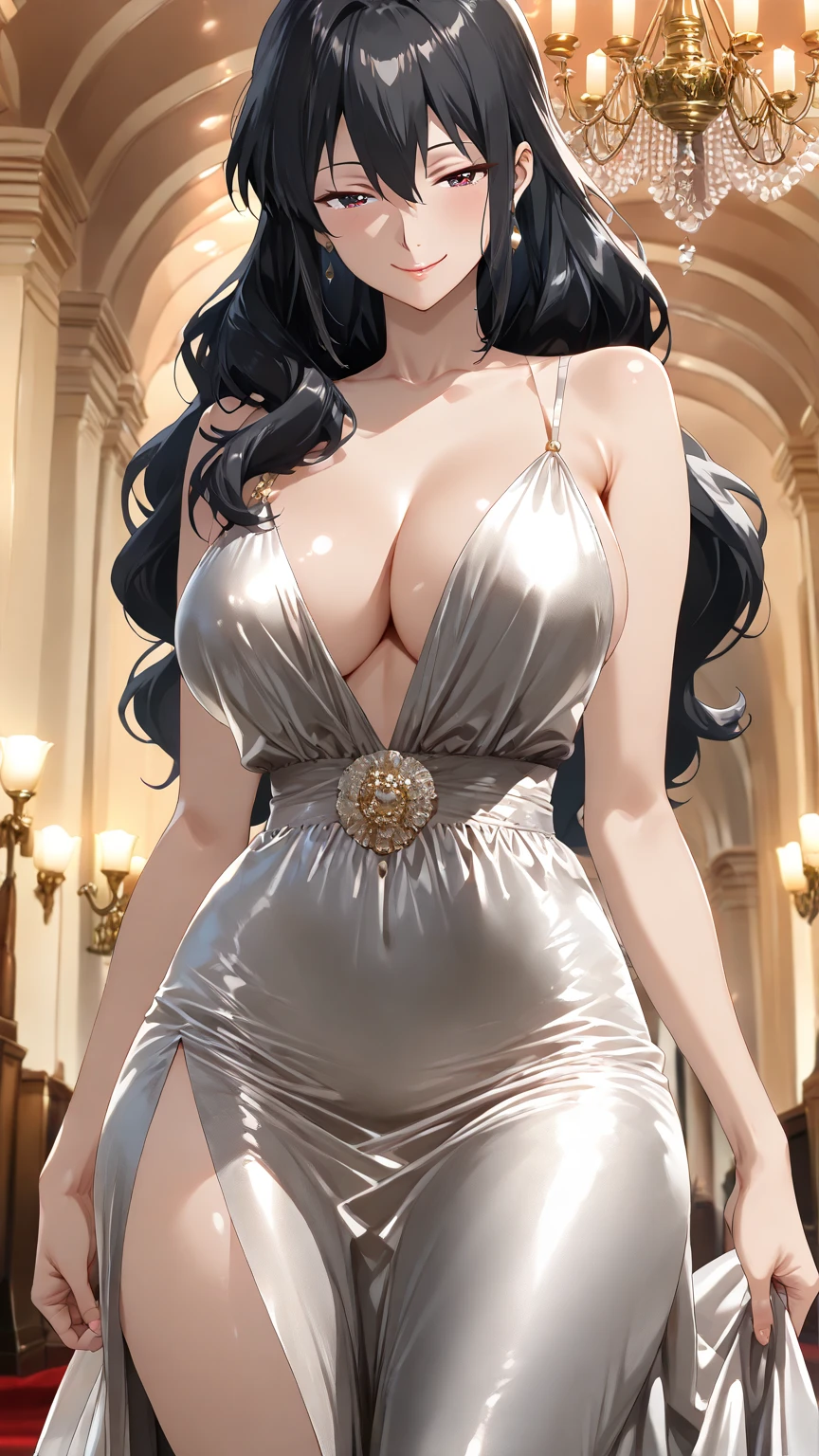 1girl, solo, white swimsuit, purple eyes, long hair, hair over one eye, earrings, brown hair, jewelry, full body, full body shot, (standing:1.2), looking at viewer, cleavage, blush, very long hair, gigantic breasts, slender waist, skindetantion, skindentation on breasts, seductive, :3, detailed hair strands, one piece dress, black dress, inside a ballroom, round glasses, smug <lora:Marushin-Style-resumed-000090:1>