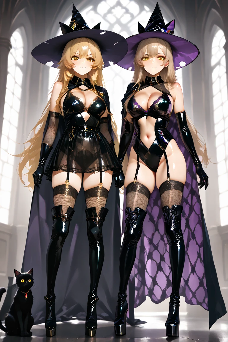 skistyle, multiple girls, 10girls, ((maid outfits)), fully clothed, (small breasts:1.2), witch hat, eyepatch, twintails, long hair, hat, hair ornament, blonde hair, black hair, gloves, white hair, looking at viewer, red eyes, sky, elbow gloves, from below, sfw, black gloves, thighs, hairpin, brown hair, hair stick, purple headwear