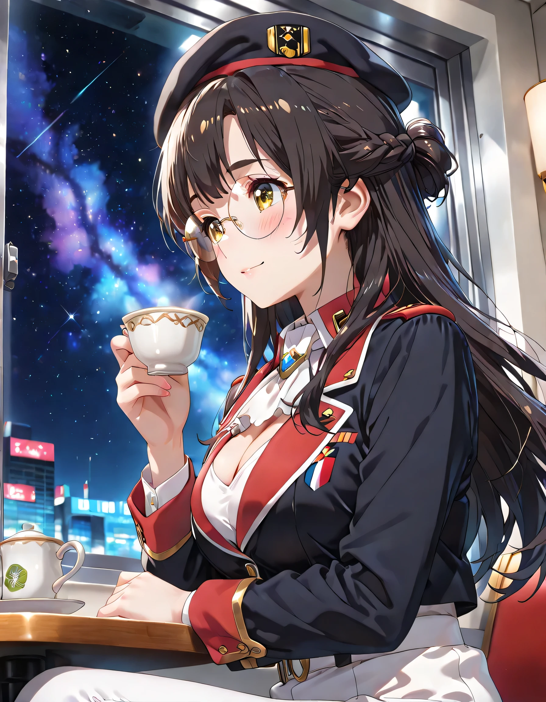 ((ultra-detailed)), (highly detailed CG illustration), (best quality:1.3), ultra-highly detailed, colorful composition, artistic photoshoot, 1girl, solo, moe anime character, Anime-style, harmonious color palette, ethereal ambiance, dainty facial structure, round face, rounded chin:1.2, short stature, thick eyebrows, brown eyes, droopy eyes, black hair:1.3, long hair, half updo, (wearing glasses:1.3), (round eyewear:1.3), ample breasts, military uniform, military hat, white ascot, medals, white pants, gentle smile:1.3, blush:1.3, flowing hair in the wind, sitting, drinking tea, shaking own head, from side, anted angle, from below, looking away, upper body, inside Free Planets Alliance battleship, outer space through the window, sparkling stars outside, night, sidelighting, dynamic pose, contrapposto pose, best quality, masterpiece, cinematic lighting, 8K resolution, portrait, depth of field, caustics, ray tracing, perfect face, lustrous skin, highly detailed face, highly detailed eyes, perfect face, perfect nose, perfect hair, perfect eyes, beautiful hair, beautiful small face, extremely detailed face, beautiful detailed eyes, beautiful clavicle, beautiful body, beautiful ample breasts, cleavage, breasts squeezed together, beautiful fingers, 4 fingers, 1 thumb, lovely, (very detailed background:1.0), (highly detailed background:1.0), pastel colors palette, kawaii aesthetic, intricate details, girly atmosphere, chromatic aberration