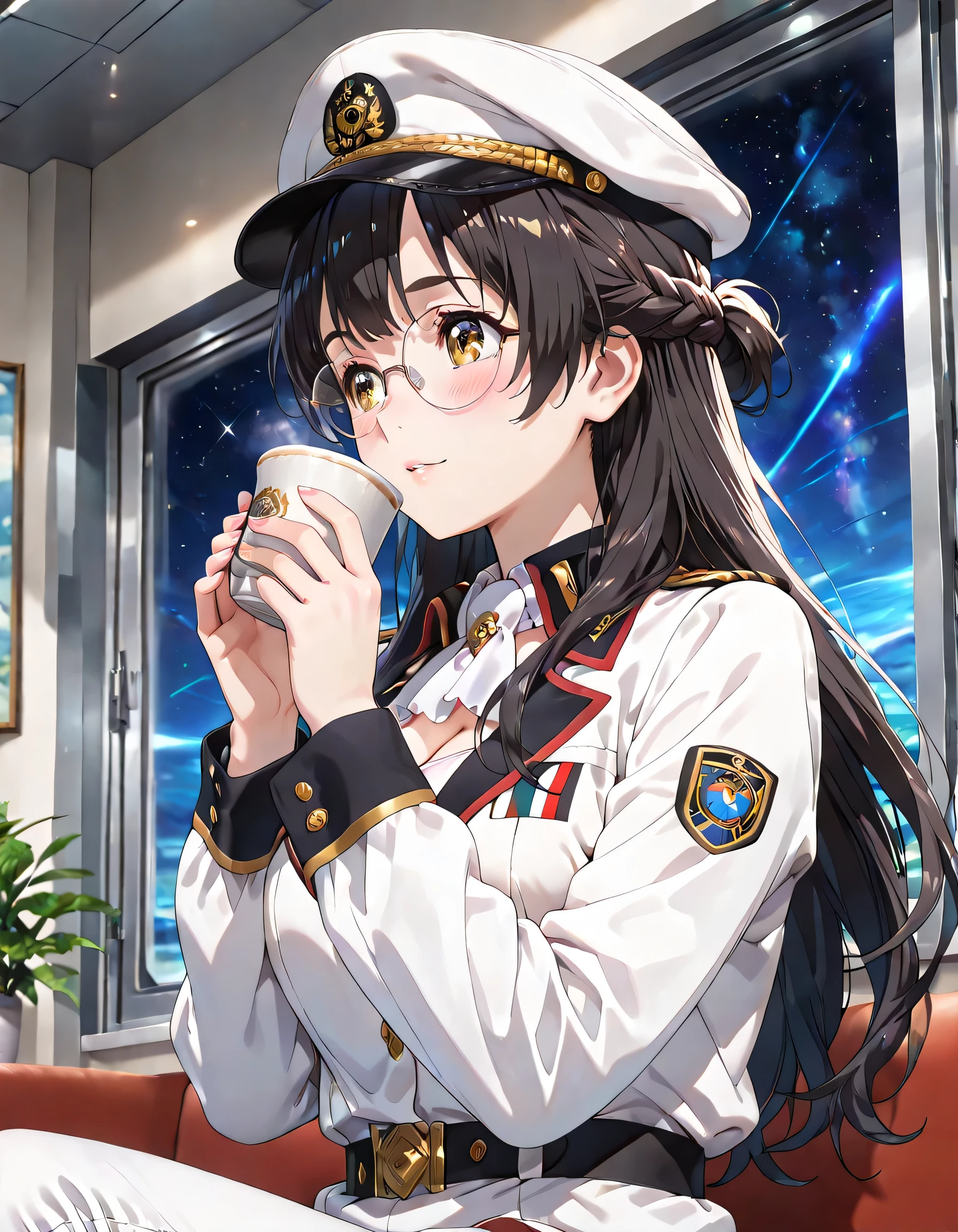 ((ultra-detailed)), (highly detailed CG illustration), (best quality:1.3), ultra-highly detailed, colorful composition, artistic photoshoot, 1girl, solo, moe anime character, Anime-style, harmonious color palette, ethereal ambiance, dainty facial structure, round face, rounded chin:1.2, short stature, thick eyebrows, brown eyes, droopy eyes, black hair:1.3, long hair, half updo, (wearing glasses:1.3), (round eyewear:1.3), ample breasts, military uniform, military hat, white ascot, medals, white pants, gentle smile:1.3, blush:1.3, flowing hair in the wind, sitting, drinking tea, shaking own head, from side, anted angle, from below, looking away, upper body, inside Free Planets Alliance battleship, outer space through the window, sparkling stars outside, night, sidelighting, dynamic pose, contrapposto pose, best quality, masterpiece, cinematic lighting, 8K resolution, portrait, depth of field, caustics, ray tracing, perfect face, lustrous skin, highly detailed face, highly detailed eyes, perfect face, perfect nose, perfect hair, perfect eyes, beautiful hair, beautiful small face, extremely detailed face, beautiful detailed eyes, beautiful clavicle, beautiful body, beautiful ample breasts, cleavage, breasts squeezed together, beautiful fingers, 4 fingers, 1 thumb, lovely, (very detailed background:1.0), (highly detailed background:1.0), pastel colors palette, kawaii aesthetic, intricate details, girly atmosphere, chromatic aberration