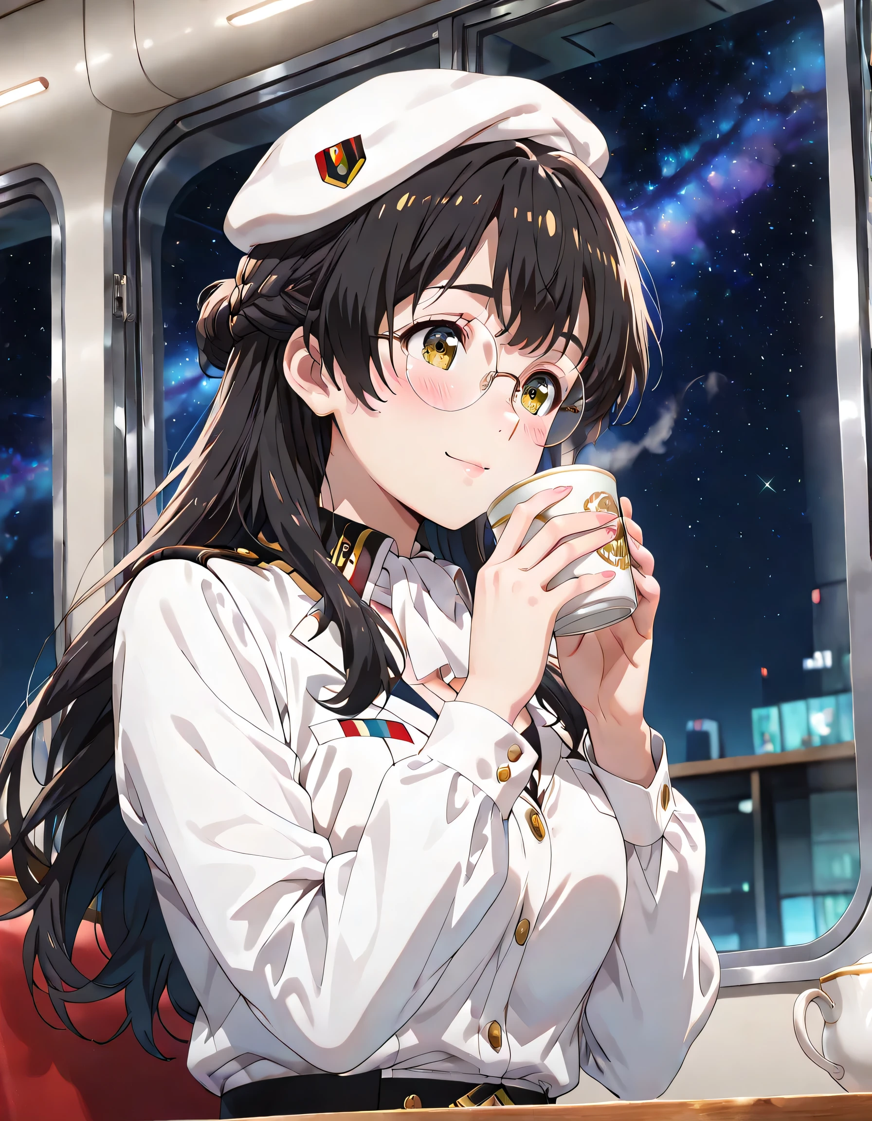 ((ultra-detailed)), (highly detailed CG illustration), (best quality:1.3), ultra-highly detailed, colorful composition, artistic photoshoot, 1girl, solo, moe anime character, Anime-style, harmonious color palette, ethereal ambiance, dainty facial structure, round face, rounded chin:1.2, short stature, thick eyebrows, brown eyes, droopy eyes, black hair:1.3, long hair, half updo, (wearing glasses:1.3), (round eyewear:1.3), ample breasts, military uniform, military hat, white ascot, medals, white pants, gentle smile:1.3, blush:1.3, flowing hair in the wind, sitting, drinking tea, shaking own head, from side, anted angle, from below, looking away, upper body, inside Free Planets Alliance battleship, outer space through the window, sparkling stars outside, night, sidelighting, dynamic pose, contrapposto pose, best quality, masterpiece, cinematic lighting, 8K resolution, portrait, depth of field, caustics, ray tracing, perfect face, lustrous skin, highly detailed face, highly detailed eyes, perfect face, perfect nose, perfect hair, perfect eyes, beautiful hair, beautiful small face, extremely detailed face, beautiful detailed eyes, beautiful clavicle, beautiful body, beautiful ample breasts, cleavage, breasts squeezed together, beautiful fingers, 4 fingers, 1 thumb, lovely, (very detailed background:1.0), (highly detailed background:1.0), pastel colors palette, kawaii aesthetic, intricate details, girly atmosphere, chromatic aberration
