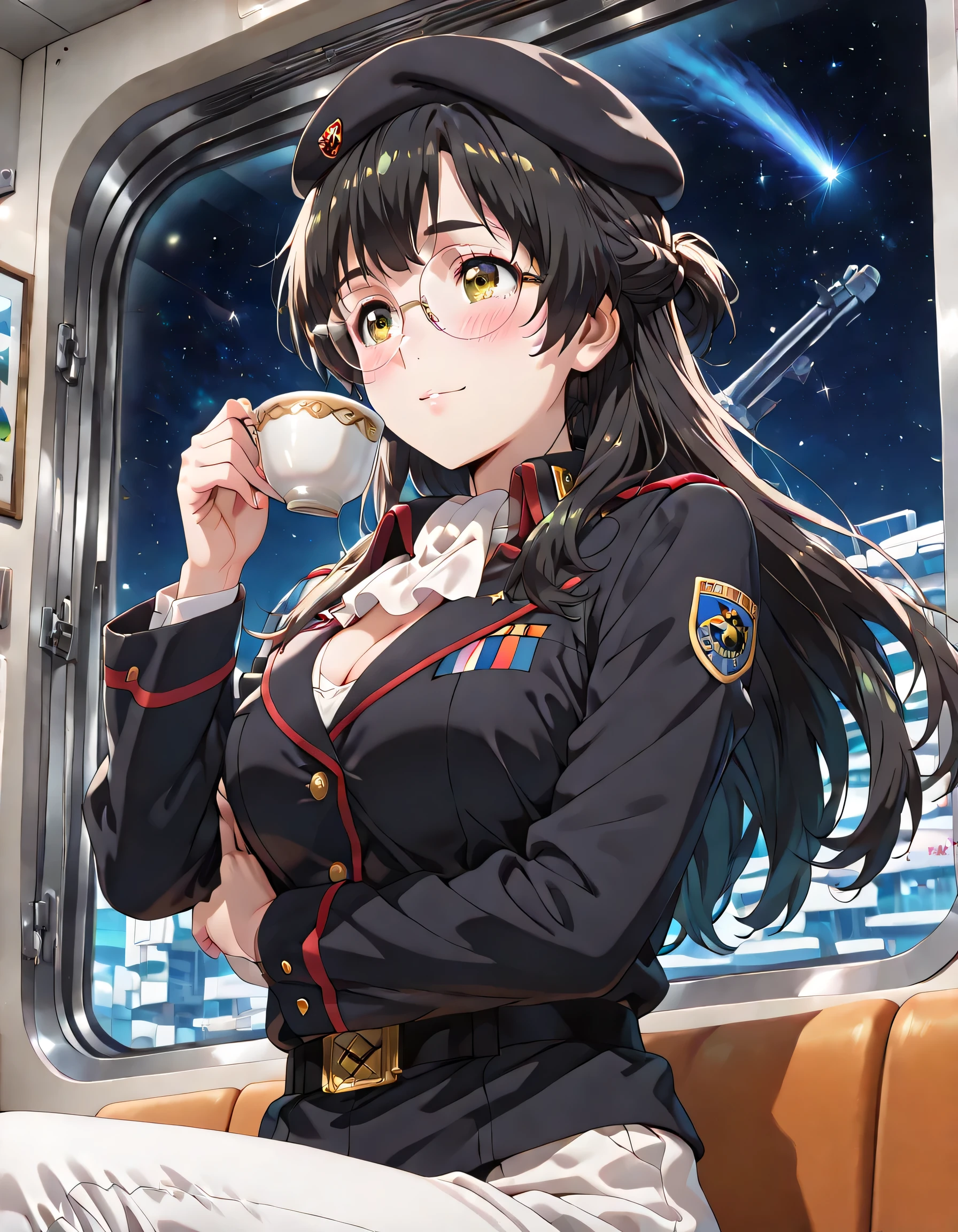 ((ultra-detailed)), (highly detailed CG illustration), (best quality:1.3), ultra-highly detailed, colorful composition, artistic photoshoot, 1girl, solo, moe anime character, Anime-style, harmonious color palette, ethereal ambiance, dainty facial structure, round face, rounded chin:1.2, short stature, thick eyebrows, brown eyes, droopy eyes, black hair:1.3, long hair, half updo, (wearing glasses:1.3), (round eyewear:1.3), ample breasts, military uniform with Khaki green, military hat with Khaki green, white ascot, medals, white pants, gentle smile:1.3, blush:1.3, flowing hair in the wind, sitting, drinking tea, shaking own head, from side, anted angle, from below, looking away, upper body, inside Free Planets Alliance battleship, outer space through the window, sparkling stars outside, night, sidelighting, dynamic pose, contrapposto pose, best quality, masterpiece, cinematic lighting, 8K resolution, portrait, depth of field, caustics, ray tracing, perfect face, lustrous skin, highly detailed face, highly detailed eyes, perfect face, perfect nose, perfect hair, perfect eyes, beautiful hair, beautiful small face, extremely detailed face, beautiful detailed eyes, beautiful clavicle, beautiful body, beautiful ample breasts, cleavage, breasts squeezed together, beautiful fingers, 4 fingers, 1 thumb, lovely, (very detailed background:1.0), (highly detailed background:1.0), pastel colors palette, kawaii aesthetic, intricate details, girly atmosphere, chromatic aberration