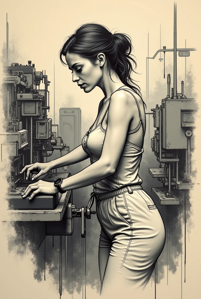 photo, black and white drawing of a woman sitting on top of a pile of electronics (LineArtGirl style:1) <lora:djzLineArtGirlv21:1>