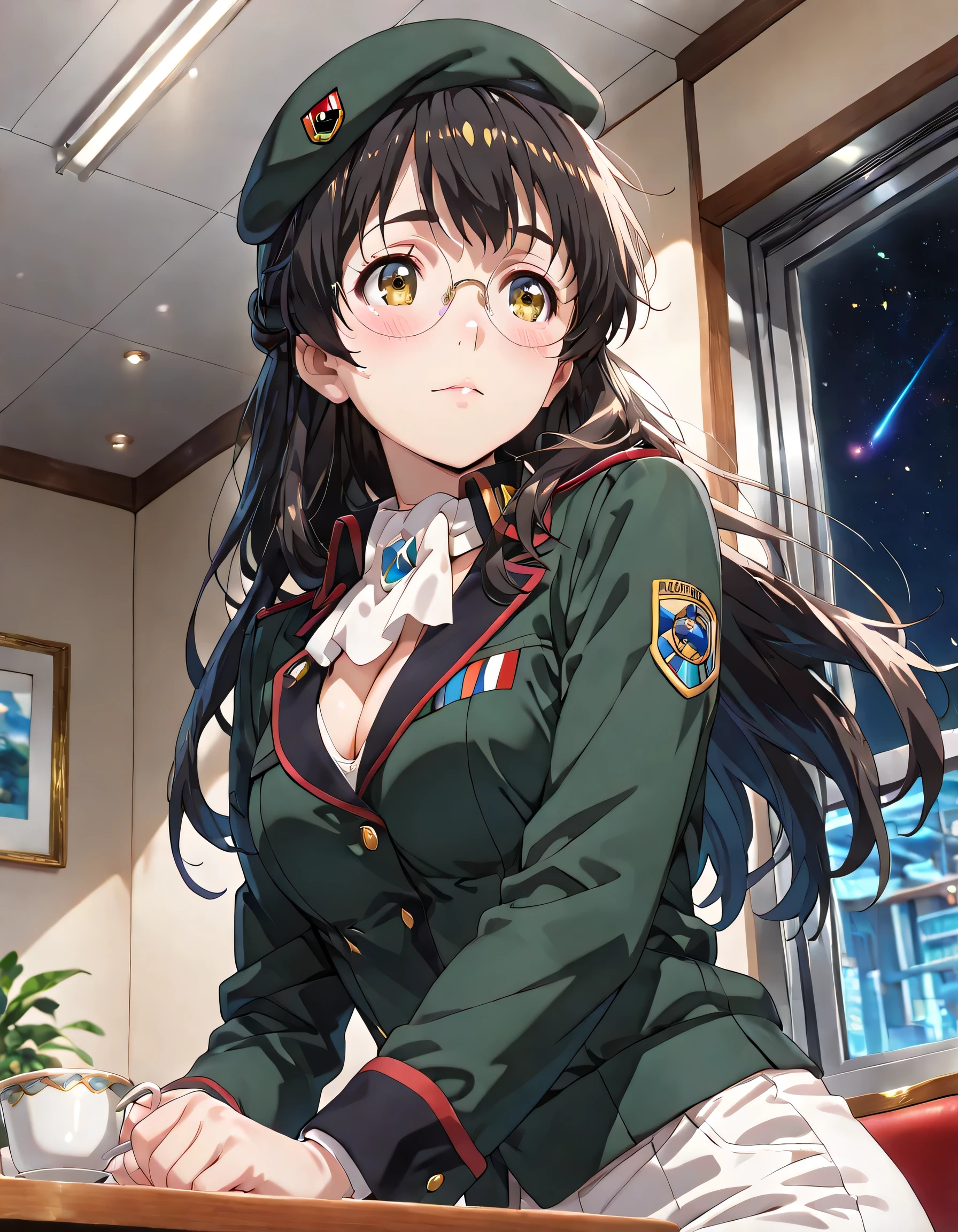 ((ultra-detailed)), (highly detailed CG illustration), (best quality:1.3), ultra-highly detailed, colorful composition, artistic photoshoot, 1girl, solo, moe anime character, Anime-style, harmonious color palette, ethereal ambiance, dainty facial structure, round face, rounded chin:1.2, short stature, thick eyebrows, brown eyes, droopy eyes, black hair:1.3, long hair, half updo, (wearing glasses:1.3), (round eyewear:1.3), ample breasts, military uniform with Khaki green:1.3, military hat with Khaki green:1.3, white ascot, medals, white pants, gentle smile:1.3, blush:1.3, flowing hair in the wind, sitting, drinking tea, tea cup, shaking own head, from side, anted angle, from below, looking away, upper body, inside Free Planets Alliance battleship, outer space through the window, sparkling stars outside, night, sidelighting, dynamic pose, contrapposto pose, best quality, masterpiece, cinematic lighting, 8K resolution, portrait, depth of field, caustics, ray tracing, perfect face, lustrous skin, highly detailed face, highly detailed eyes, perfect face, perfect nose, perfect hair, perfect eyes, beautiful hair, beautiful small face, extremely detailed face, beautiful detailed eyes, beautiful clavicle, beautiful body, beautiful ample breasts, cleavage, breasts squeezed together, beautiful fingers, 4 fingers, 1 thumb, lovely, (very detailed background:1.0), (highly detailed background:1.0), pastel colors palette, kawaii aesthetic, intricate details, girly atmosphere, chromatic aberration