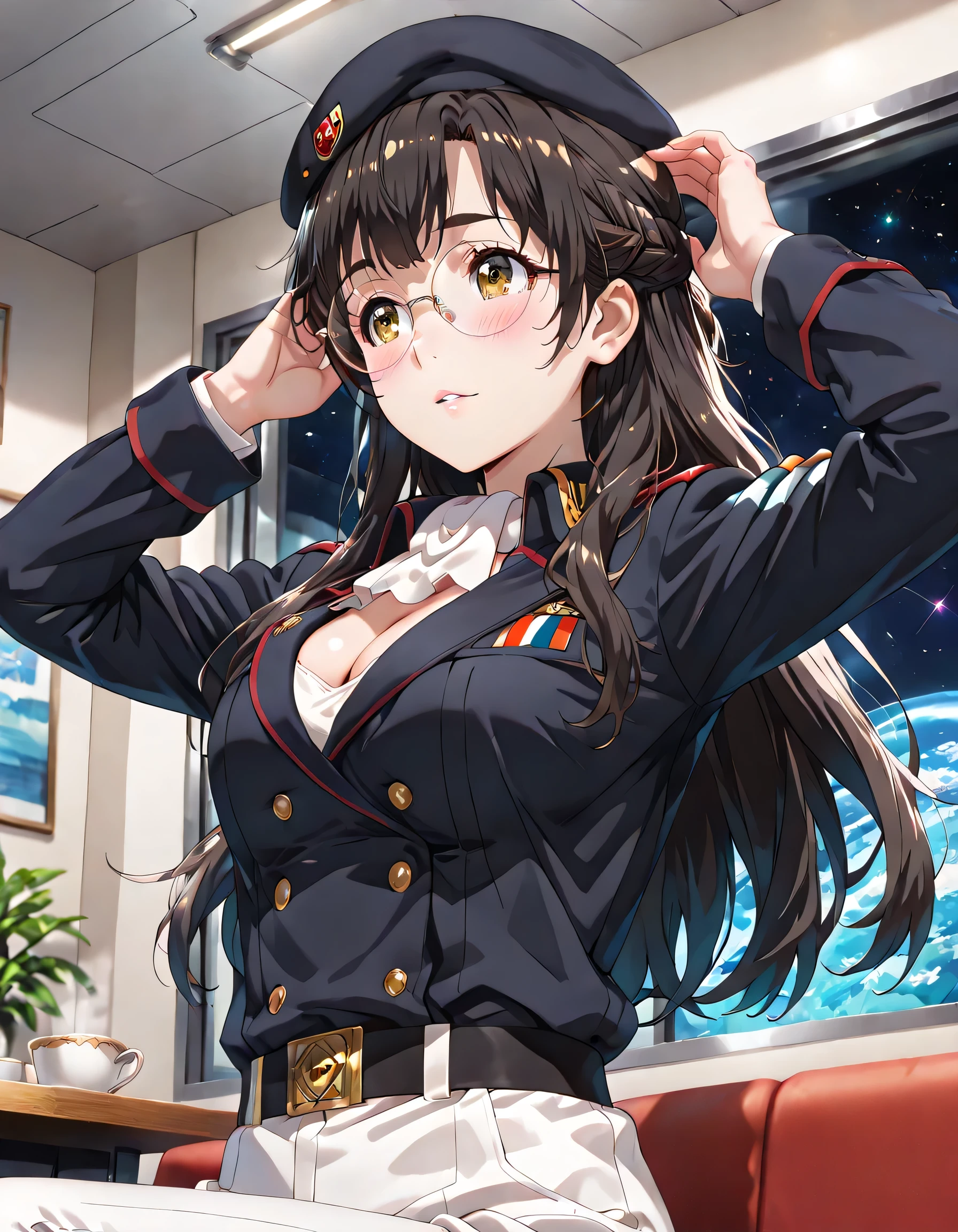 ((ultra-detailed)), (highly detailed CG illustration), (best quality:1.3), ultra-highly detailed, colorful composition, artistic photoshoot, 1girl, solo, moe anime character, Anime-style, harmonious color palette, ethereal ambiance, dainty facial structure, round face, rounded chin:1.2, short stature, thick eyebrows, brown eyes, droopy eyes, black hair:1.3, long hair, half updo, (wearing glasses:1.3), (round eyewear:1.3), ample breasts, military uniform with Khaki green:1.3, military hat with Khaki green:1.3, white ascot, medals, white pants, gentle smile:1.3, blush:1.3, flowing hair in the wind, sitting, drinking tea, tea cup, shaking own head, from side, anted angle, from below, looking away, upper body, inside Free Planets Alliance battleship, outer space through the window, sparkling stars outside, night, sidelighting, dynamic pose, contrapposto pose, best quality, masterpiece, cinematic lighting, 8K resolution, portrait, depth of field, caustics, ray tracing, perfect face, lustrous skin, highly detailed face, highly detailed eyes, perfect face, perfect nose, perfect hair, perfect eyes, beautiful hair, beautiful small face, extremely detailed face, beautiful detailed eyes, beautiful clavicle, beautiful body, beautiful ample breasts, cleavage, breasts squeezed together, beautiful fingers, 4 fingers, 1 thumb, lovely, (very detailed background:1.0), (highly detailed background:1.0), pastel colors palette, kawaii aesthetic, intricate details, girly atmosphere, chromatic aberration