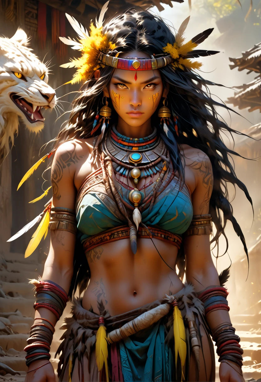 Native American warrior\(beautiful,beautiful,age 18,(muscular:1.3),(holding 1tomahawk:1.2),Dark skin,floating dark hair,dark and bright eyes,large eyes,face with strong will,leather dress\(Stripe, glass beads\),indian cape\(Stripe, glass beads\), war hats\(Native American Feather Crown\),fresh skin, dark and bright,mama,collar\(many fangs),indian moccasins,glass bead earrings,whole body\), BREAK 1hawk\( flying\),bottom(outside,American desert,Western era,),Dynamic action poses, dynamic angles, BREAK ,quality\(8k,bottom de pantalla de una unidad CG extremadamente detallada, masterpiece,high resolution,top-quality,top-quality real texture skin,hyperrealistic,increase resolution,RAW Photos,la mejor quality,Very detailed,el bottom de pantalla,cinematic lighting,ray trace,golden ratio\)[:2.0],looking at the viewer,long shot, plano general
