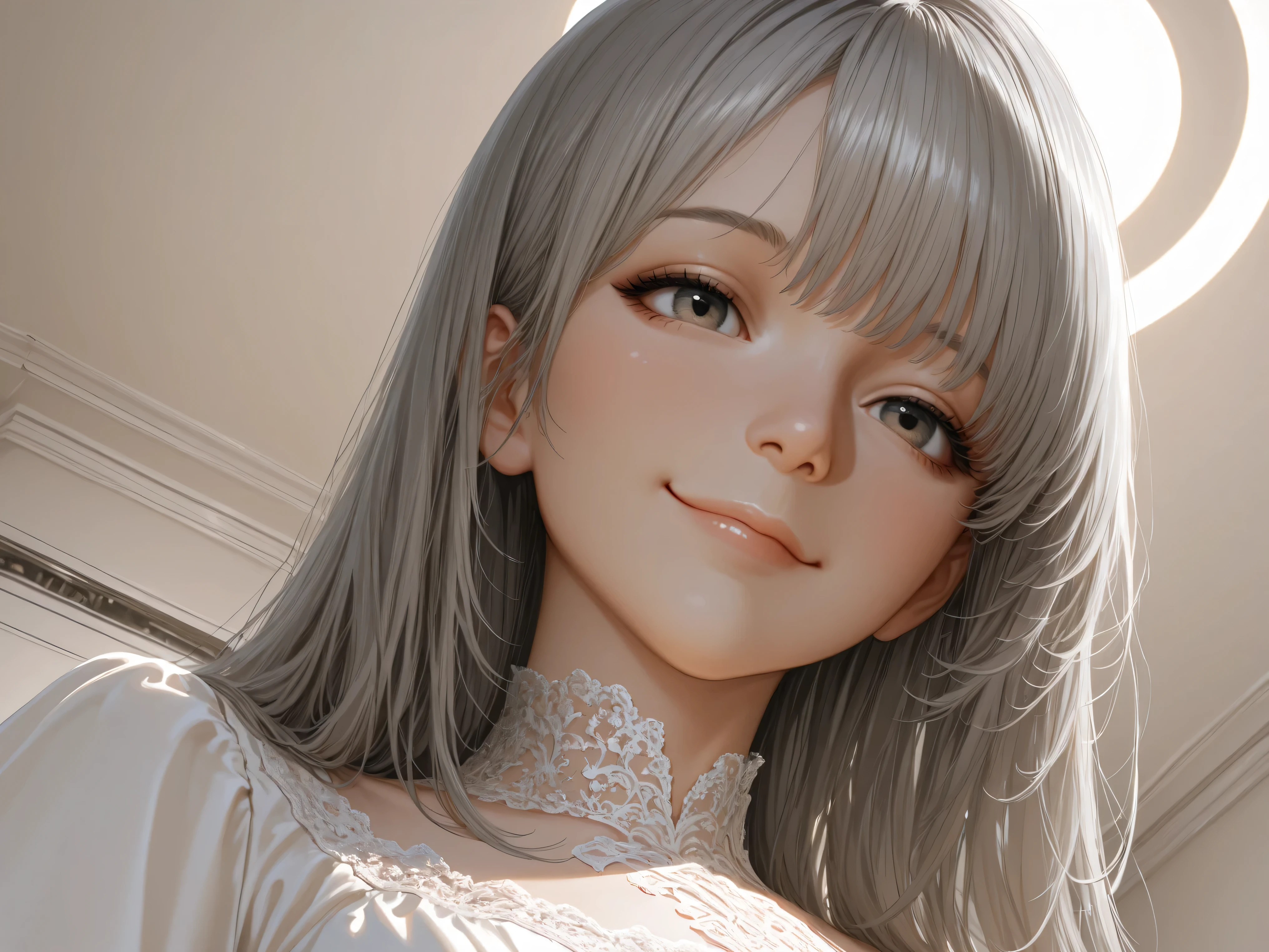 High Quality,beautiful woman,Long hair,gray hair,white dress,Smile,from below,dim room,Stand life,Portrait,digital illustration,Realistic,Masterpiece,high resolution,Delicate Details,perfect lighting,muted tones,Elegant