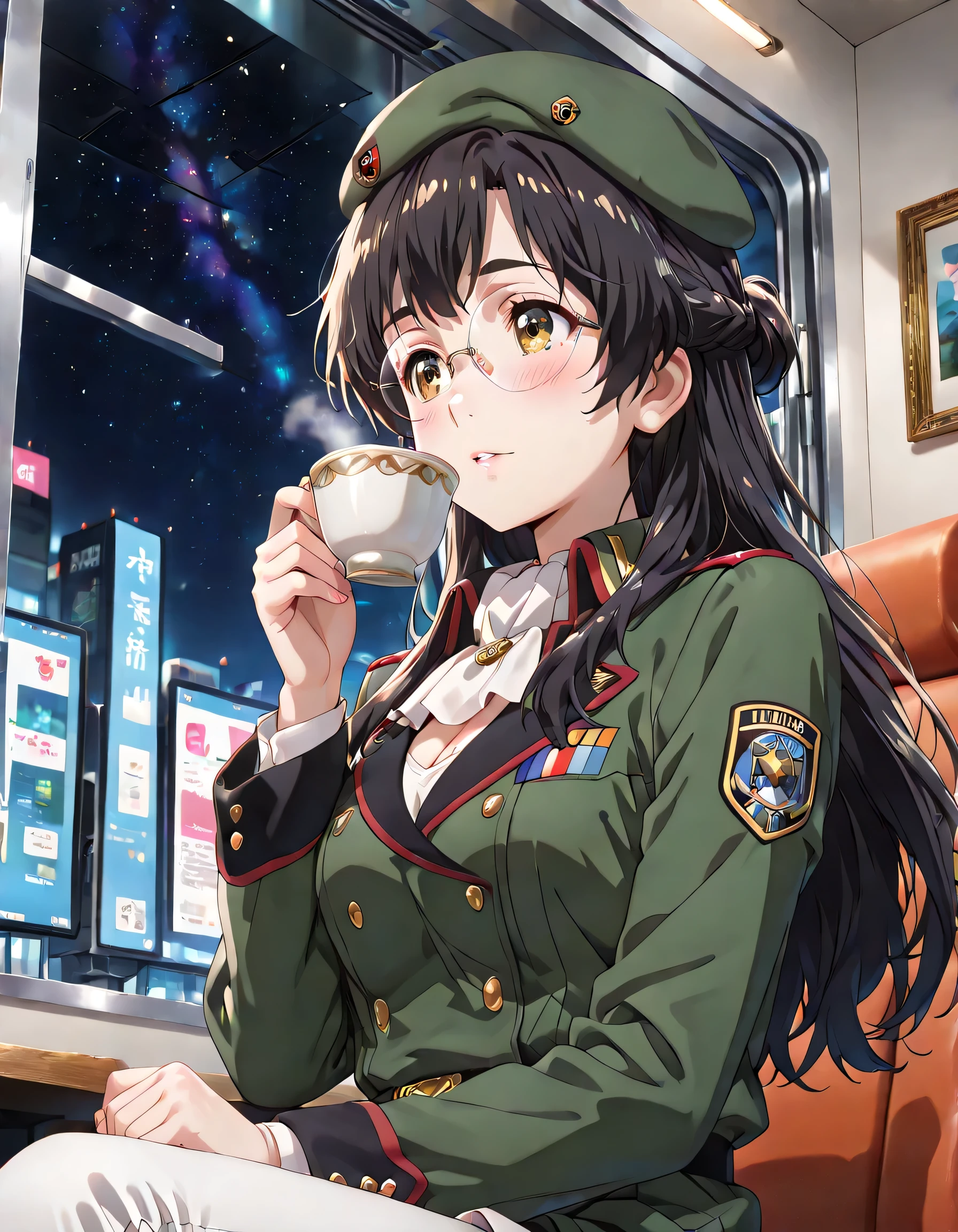 ((ultra-detailed)), (highly detailed CG illustration), (best quality:1.3), ultra-highly detailed, colorful composition, artistic photoshoot, 1girl, solo, moe anime character, Anime-style, harmonious color palette, ethereal ambiance, dainty facial structure, round face, rounded chin:1.2, short stature, thick eyebrows, brown eyes, droopy eyes, black hair:1.3, long hair, half updo, (wearing glasses:1.3), (round eyewear:1.3), ample breasts, military uniform with Khaki green:1.3, military hat with Khaki green:1.3, white ascot, medals, white pants, gentle smile:1.3, blush:1.3, flowing hair in the wind, sitting, drinking tea, tea cup, shaking own head, from side, anted angle, from below, looking away, upper body, inside Free Planets Alliance battleship, outer space through the window, sparkling stars outside, night, sidelighting, dynamic pose, contrapposto pose, best quality, masterpiece, cinematic lighting, 8K resolution, portrait, depth of field, caustics, ray tracing, perfect face, lustrous skin, highly detailed face, highly detailed eyes, perfect face, perfect nose, perfect hair, perfect eyes, beautiful hair, beautiful small face, extremely detailed face, beautiful detailed eyes, beautiful clavicle, beautiful body, beautiful ample breasts, cleavage, breasts squeezed together, beautiful fingers, 4 fingers, 1 thumb, lovely, (very detailed background:1.0), (highly detailed background:1.0), pastel colors palette, kawaii aesthetic, intricate details, girly atmosphere, chromatic aberration