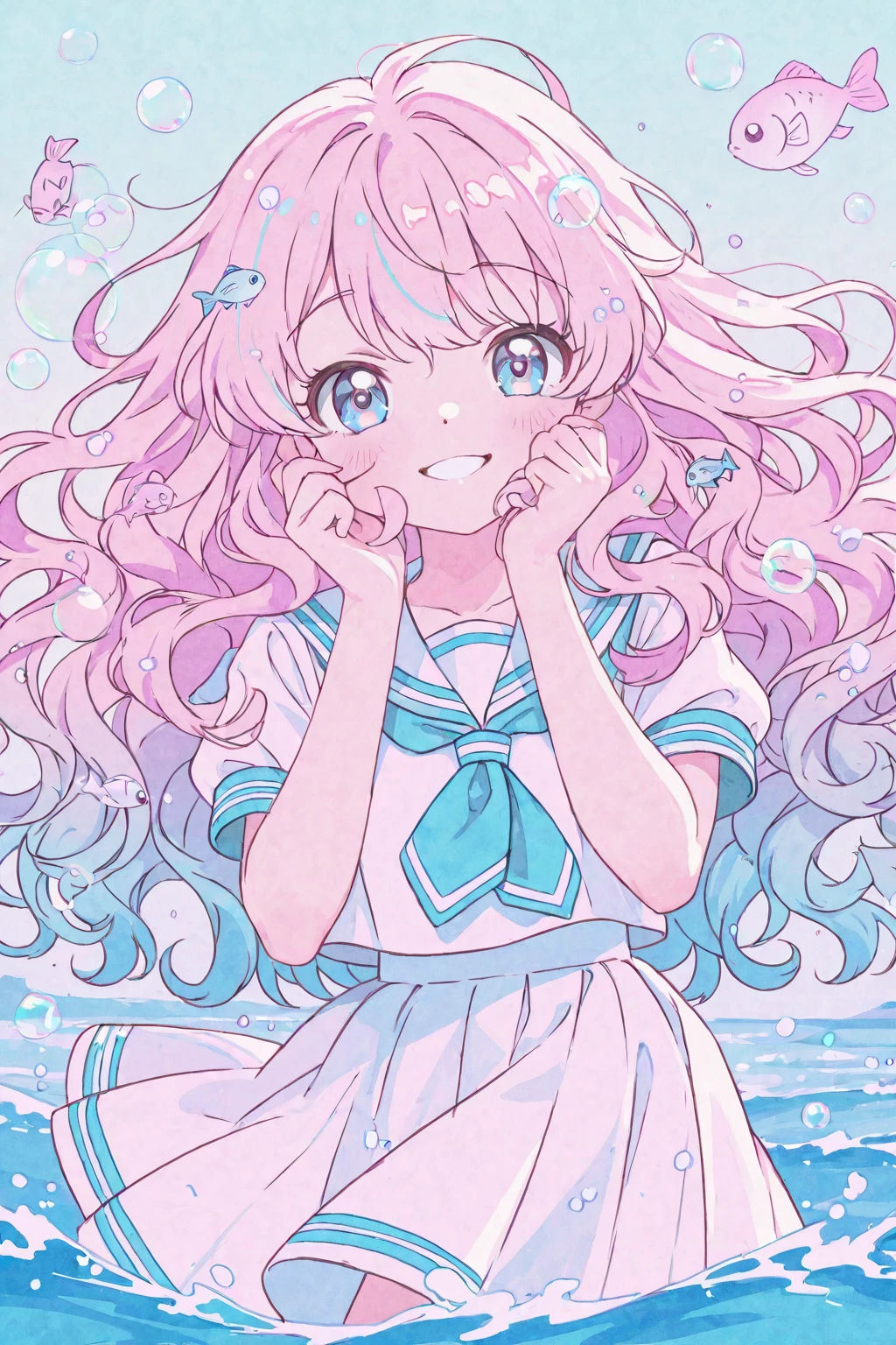 ((best quality)), ((masterpiece)), (detailed), perfect face, 1girl, nakano itsuki, smiling, whimsical, triad color pallette, hugging knees, looking at viewer, pink water droplets, smiling, flat colouring, full body, blank space on the left, fluffy red hair, star hairclips