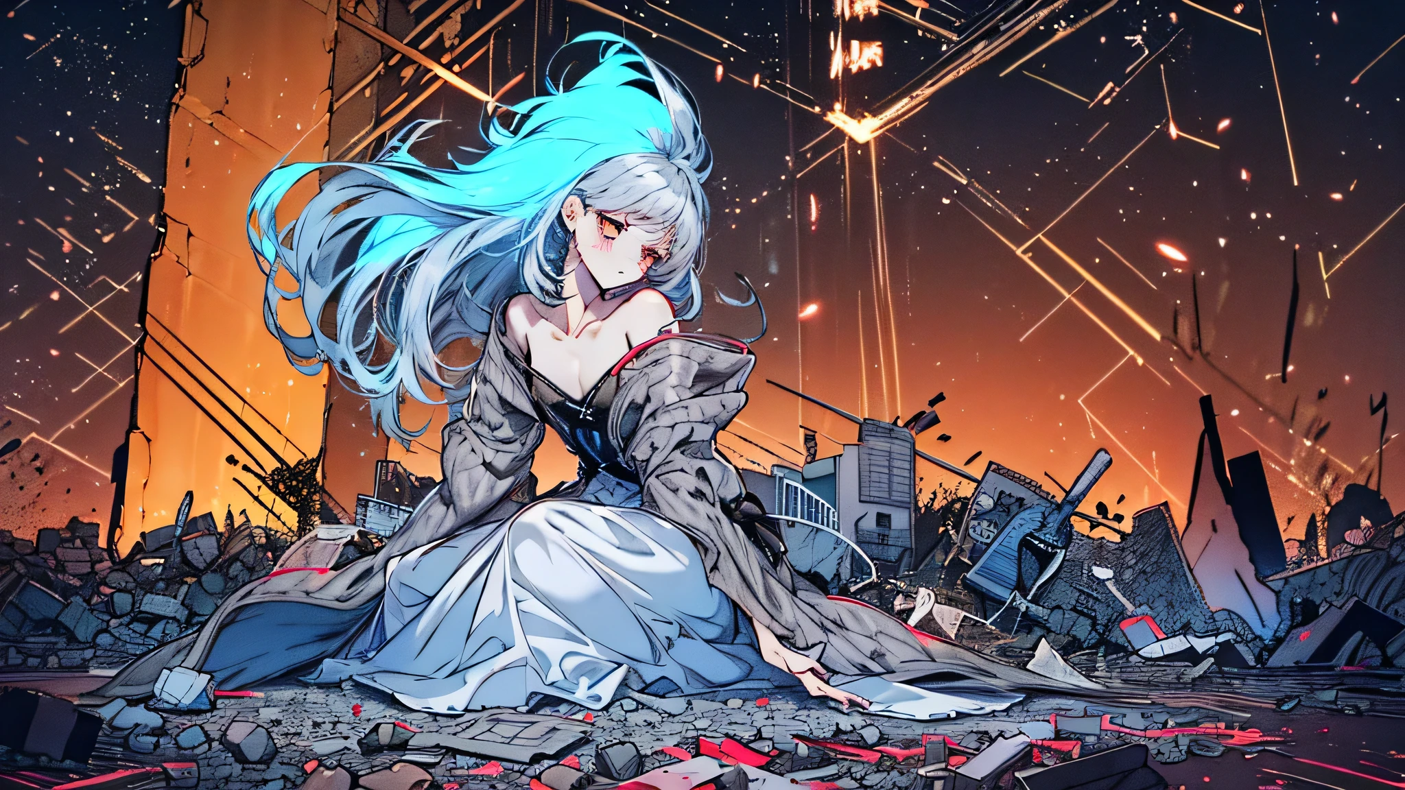 A cinematic close-up of a young woman sitting amidst a mountain of shattered concrete and twisted steel, her expression fragile yet defiant. Around her, neon signs flicker half-dead, casting broken light across the rubble. Shards of glass scatter across the asphalt, glowing like constellations under a trembling sky. A narrow beam of light pierces through the ruins, striking her chest like a heartbeat. Her hair moves slightly in the wind, eyes half-closed as if listening to a distant melody hidden in silence. The atmosphere is both catastrophic and hopeful: destruction and rebirth colliding in one frame. Color palette: deep charcoal gray, crimson embers, faint neon cyan, and a single radiant gold beam. Dynamic, dramatic composition, as if hope itself is breaking through ruin. —ar 3:4 —v 5 —style raw —upbeta