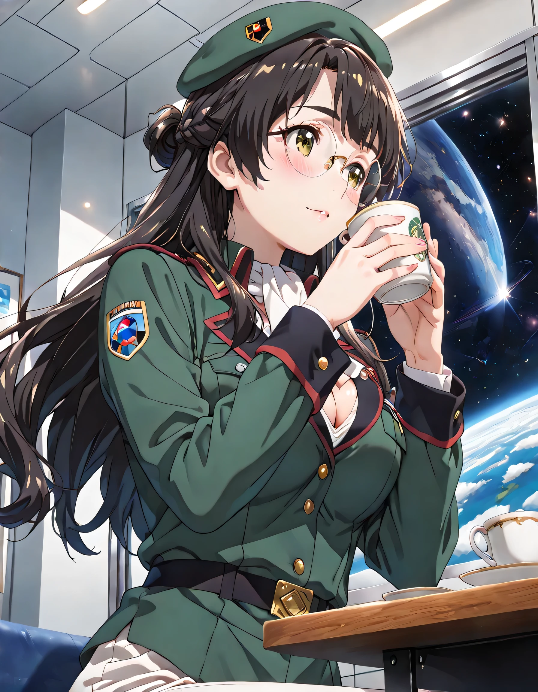 ((ultra-detailed)), (highly detailed CG illustration), (best quality:1.3), ultra-highly detailed, colorful composition, artistic photoshoot, 1girl, solo, moe anime character, Anime-style, harmonious color palette, ethereal ambiance, dainty facial structure, round face, rounded chin:1.2, short stature, thick eyebrows, brown eyes, droopy eyes, black hair:1.3, long hair, half updo, (wearing glasses:1.3), (round eyewear:1.3), ample breasts, military uniform with Khaki green:1.3, military hat with Khaki green:1.3, white ascot, medals, white pants, gentle smile:1.3, blush:1.3, flowing hair in the wind, sitting, drinking tea, tea cup, shaking own head, from side, anted angle, from below, looking away, upper body, inside Free Planets Alliance battleship, outer space through the window, sparkling stars outside, universe, space, sidelighting, dynamic pose, contrapposto pose, best quality, masterpiece, cinematic lighting, 8K resolution, portrait, depth of field, caustics, ray tracing, perfect face, lustrous skin, highly detailed face, highly detailed eyes, perfect face, perfect nose, perfect hair, perfect eyes, beautiful hair, beautiful small face, extremely detailed face, beautiful detailed eyes, beautiful clavicle, beautiful body, beautiful ample breasts, cleavage, breasts squeezed together, beautiful fingers, 4 fingers, 1 thumb, lovely, (very detailed background:1.0), (highly detailed background:1.0), pastel colors palette, kawaii aesthetic, intricate details, girly atmosphere, chromatic aberration