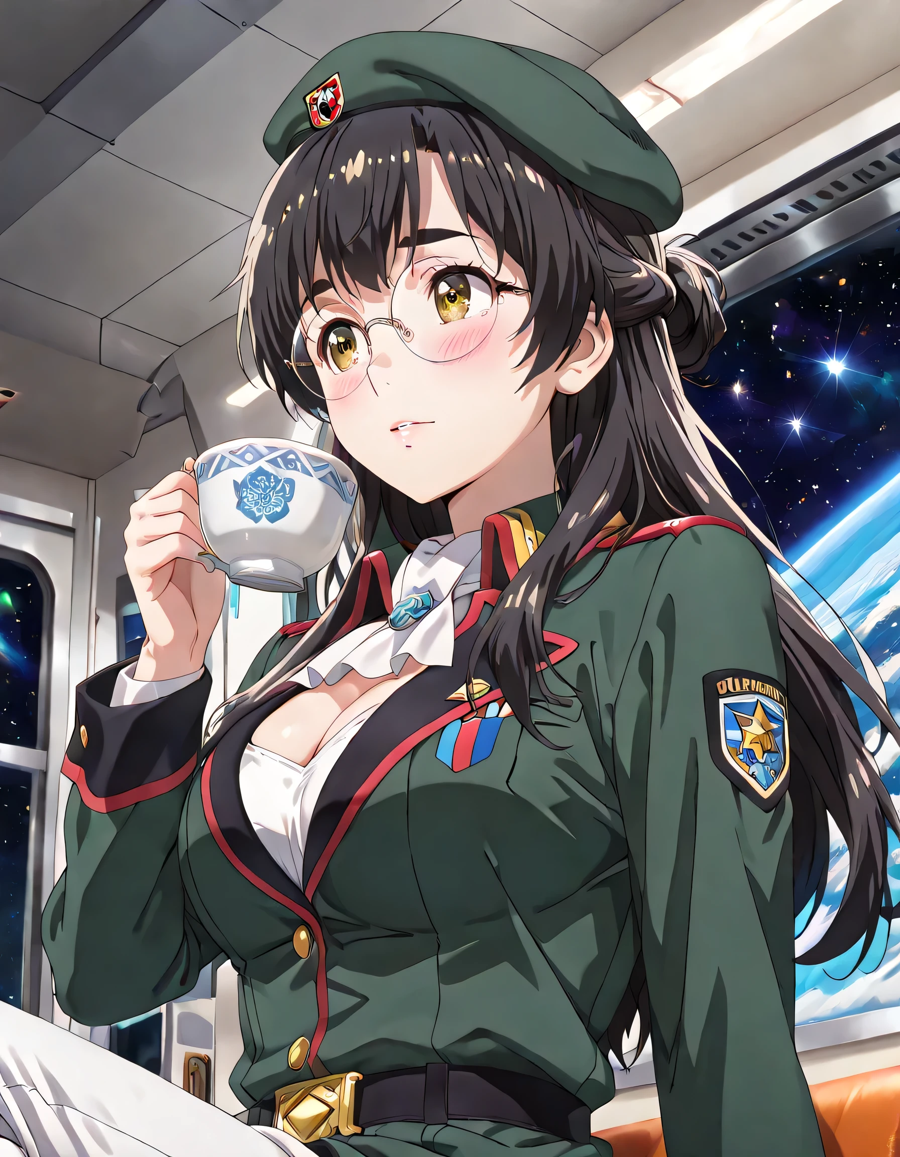 ((ultra-detailed)), (highly detailed CG illustration), (best quality:1.3), ultra-highly detailed, colorful composition, artistic photoshoot, 1girl, solo, moe anime character, Anime-style, harmonious color palette, ethereal ambiance, dainty facial structure, round face, rounded chin:1.2, short stature, thick eyebrows, brown eyes, droopy eyes, black hair:1.3, long hair, half updo, (wearing glasses:1.3), (round eyewear:1.3), ample breasts, military uniform with Khaki green:1.3, military hat with Khaki green:1.3, white ascot, medals, white pants, gentle smile:1.3, blush:1.3, flowing hair in the wind, sitting, drinking tea, tea cup, shaking own head, from side, anted angle, from below, looking away, upper body, inside Free Planets Alliance battleship, outer space through the window, sparkling stars outside, universe, space, sidelighting, dynamic pose, contrapposto pose, best quality, masterpiece, cinematic lighting, 8K resolution, portrait, depth of field, caustics, ray tracing, perfect face, lustrous skin, highly detailed face, highly detailed eyes, perfect face, perfect nose, perfect hair, perfect eyes, beautiful hair, beautiful small face, extremely detailed face, beautiful detailed eyes, beautiful clavicle, beautiful body, beautiful ample breasts, cleavage, breasts squeezed together, beautiful fingers, 4 fingers, 1 thumb, lovely, (very detailed background:1.0), (highly detailed background:1.0), pastel colors palette, kawaii aesthetic, intricate details, girly atmosphere, chromatic aberration