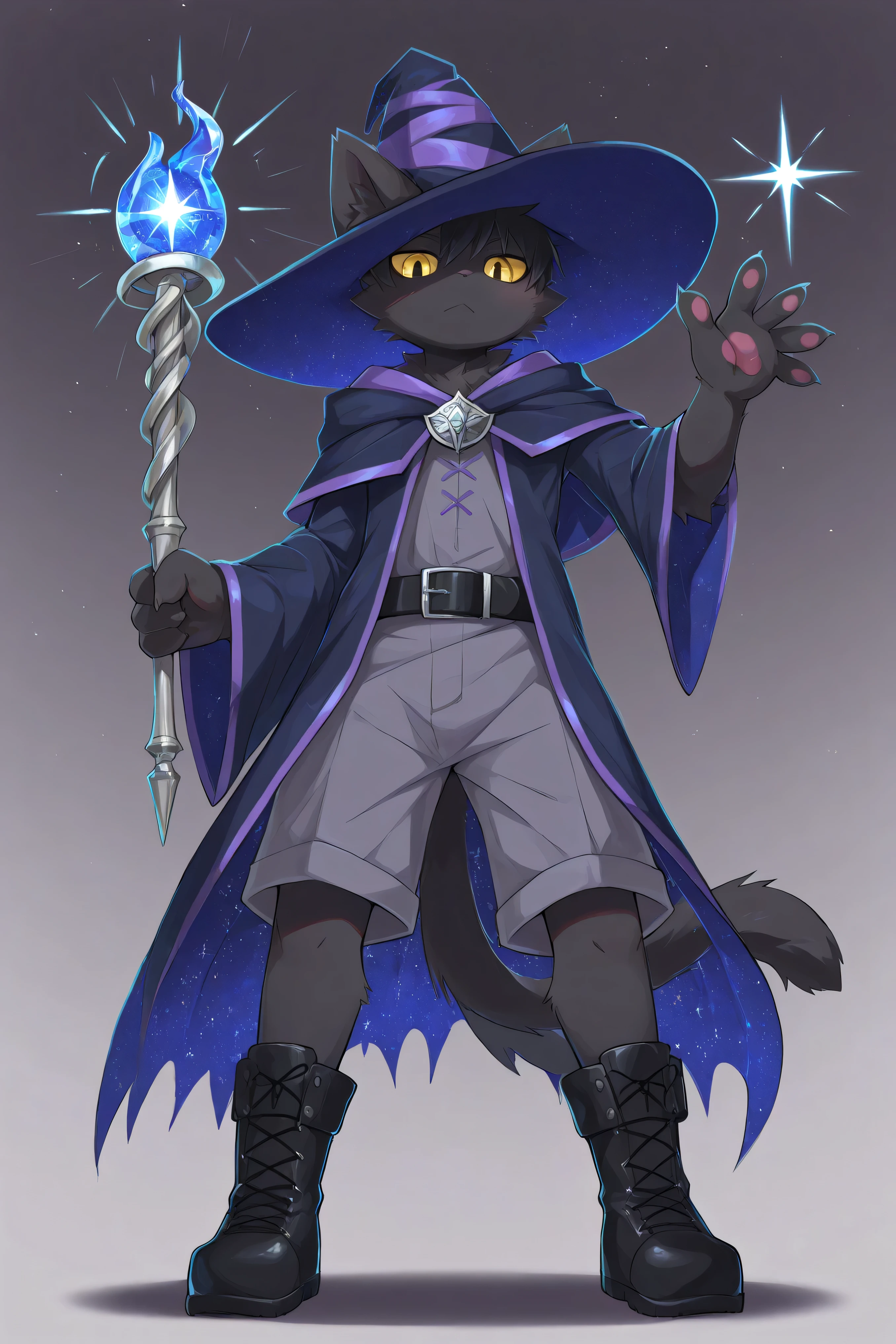 Highest Quality, masterpiece,Full body painting, Front view, Ultra High Definition 【Character Basics】
1. juvenile, solo, Black cat boy,black fur, Fur Covered, Black bangs, Wizard Hat, low angle, black belt,Boy's Body Appearance,boyish, hole々Pose, hole,
10 Year Old Boy Setting,
Humanoid,
Fur Covered style,
Apprentice Wizard,
Flexible figure, 【Characteristics and facial expression】
shining amber eyes,
Mysterious Gaze,
Dignified and Expressionless,
fluffy black ears,
Long Magically Swinging Tail,
Magical Atmosphere, 【witch costume 】
Blue robe with a starry sky pattern, Grey Shorts, Black Tactical Boots,
Embroidered with Silver Thread,
roomy sleeves,
sparkling gemstone brooches,
magic wand(crystal decoration),
Having a Little Magic Book, 【Great Performance】
Magical Glowing Particles Drift,
Mysterious Moonlight,
Stardust Sparkle,
fantastic purple and blue gradient background wrapped in an aura,
【Pose and composition】
マジカルシンギングPose,
Robe Gently Flipping,
Waving a wand,
Dignified Standing Posture,
Magical winds fluttering around,
Mysterious, fantasy setting, Magical Atmosphere, Sorcerer's Apprentice, mystical elements, Fanciful Lighting