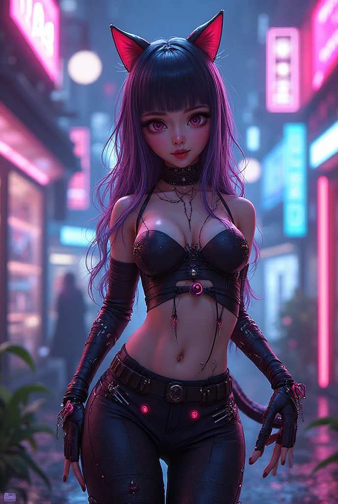 (Foto RAW, best quality, master part:1.2), (Realistic, photo-realistic:1.4),(master part:1.4),(best quality:1.4), ((gato cyberpunk ???? bonito)), ((corpo esguio)), ????? grandes, :d, (franja), corar, ((arreio corporal colorido)), ((dynamic pose)), cowboy shot, (((fundo das ruas da cidade cyberpunk))), Hair Intake, ((cabelos longos e disformes)), detalhes em neon brilhantes, Olhando para o Viewer, Fechaduras laterais, sorrir, (((lacuna na coxa))), Coxas, Caudas duplas, cabelos muito longos, cabelos multicoloridos, Alice \(Aceno\),(pele brilhante),Realistic.