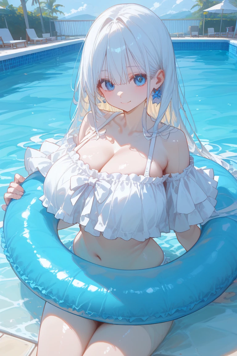 (bubble:1.2),(underwater:1.2),(air_bubble:1.2),(swimsuit:1.1),Lying on the bottom of the sea,(fish:1.1),(water:1.1),(bikini:1.1),(blue_eyes),(ocean),(breasts),solo,very_long_hair,armpits,freediving,navel,bare_shoulders,bow,frills,looking_at_viewer,parted_lips,swimming,coral,frilled_bikini,shell,jewelry,bangs,water_drop,caustics,bare_legs,light_rays,eyebrows_visible_through_hair,micro bikini,white_bikini,horizon,thighs,lemon,blush,hair_bow,on_back,sunlight,arms_up,blue_bow,outdoors,(pale skin:1.25),white hair,(side ponytail:1.1),(arms behind head:1.2),(big breasts:1.25),,(porcelain skin:1.2),(shiny skin:1.2),(underboob),((sleeves,short sleeves,frilled sleeves)),(a very long skirt:1.2),(Tully Skirt:1.2),((medium shot)),(clavicle:1.1),(bareshoulders:1.1),((straight on,slightly above)),arm tie,frilled arm tie,bare neck,strapless,cowboy shot