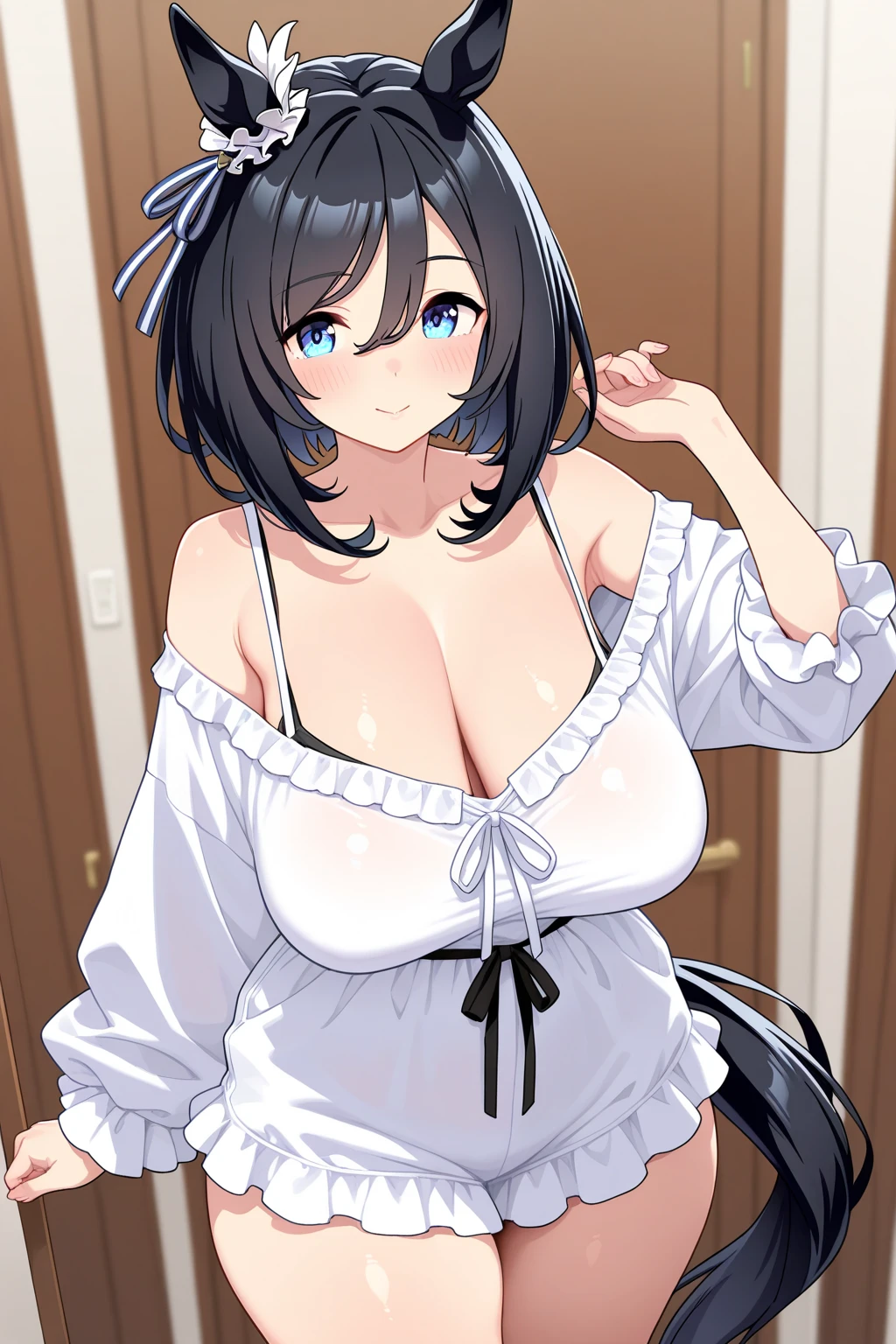 (masterpiece, best quality, high resolution),cowboy shot, irohams, 1girl, maid, maid headdress,black leotard, pelvic curtain, thighhighs, choker, <lora:Iroha:1>