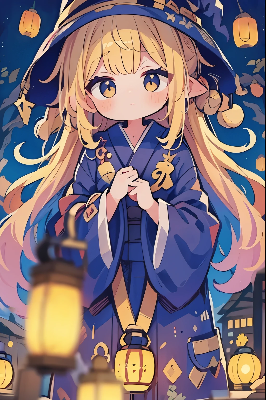A young witch in a purple yukata, surrounded by floating lanterns that light up with whispered spells under a starry sky.