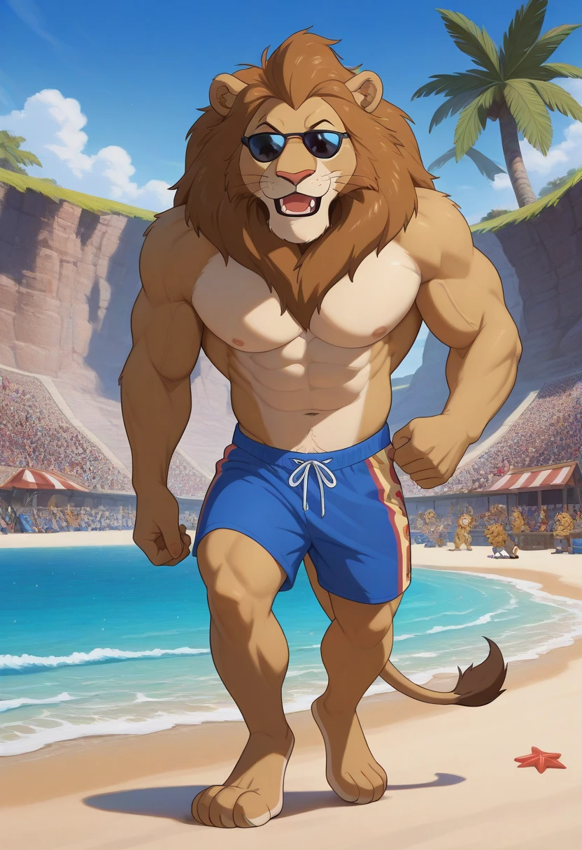 Disney, Disney Style, Traditional, 2D cartoon, bara, leodore lionheart, lion, felid, NSFW, anthro, nude, penis, humanoid penis, (Huge Penis:1.6), balls, (Huge Balls:1.6), male, solo, standing, tail, hands, 5 fingers, bulge, seaside, sand, beach umbrella, muscular, ( Huge Muscles:1.5), (big Pecs:1.2), nipples, puffy nipples, happy trail, BREAK, mane, (lion tail:1.3), high detail, soft focus, furry balls, masterpiece, best quality, 8k), toes, 5 toes, <lora:LeodoreFRL27nO:1>