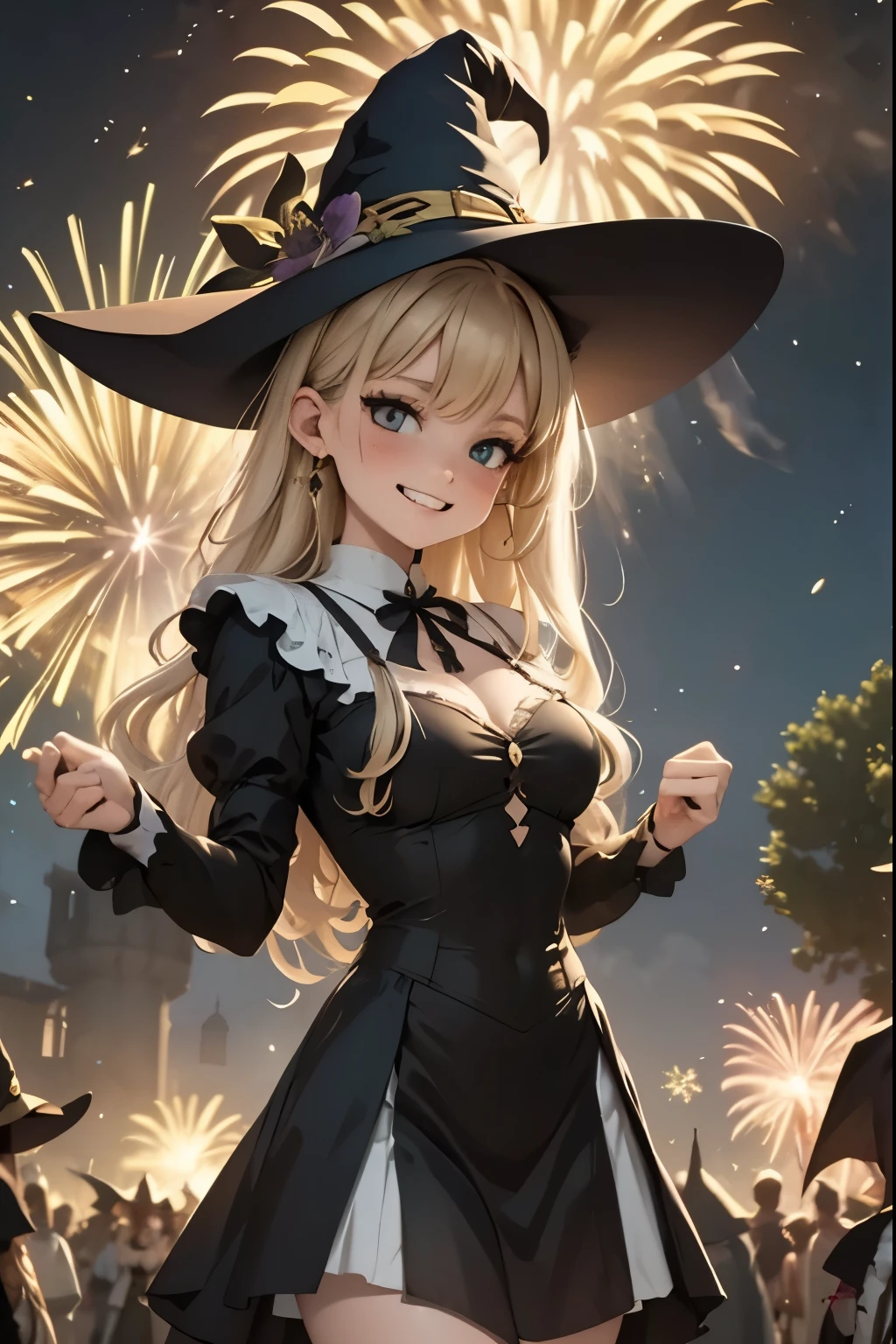 A friendly witch dances amidst the summer fireworks, summoning luminous creatures that blend with the explosive colors in the sky.