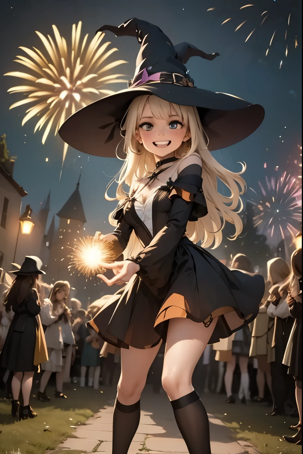 A friendly witch dances amidst the summer fireworks, summoning luminous creatures that blend with the explosive colors in the sky.