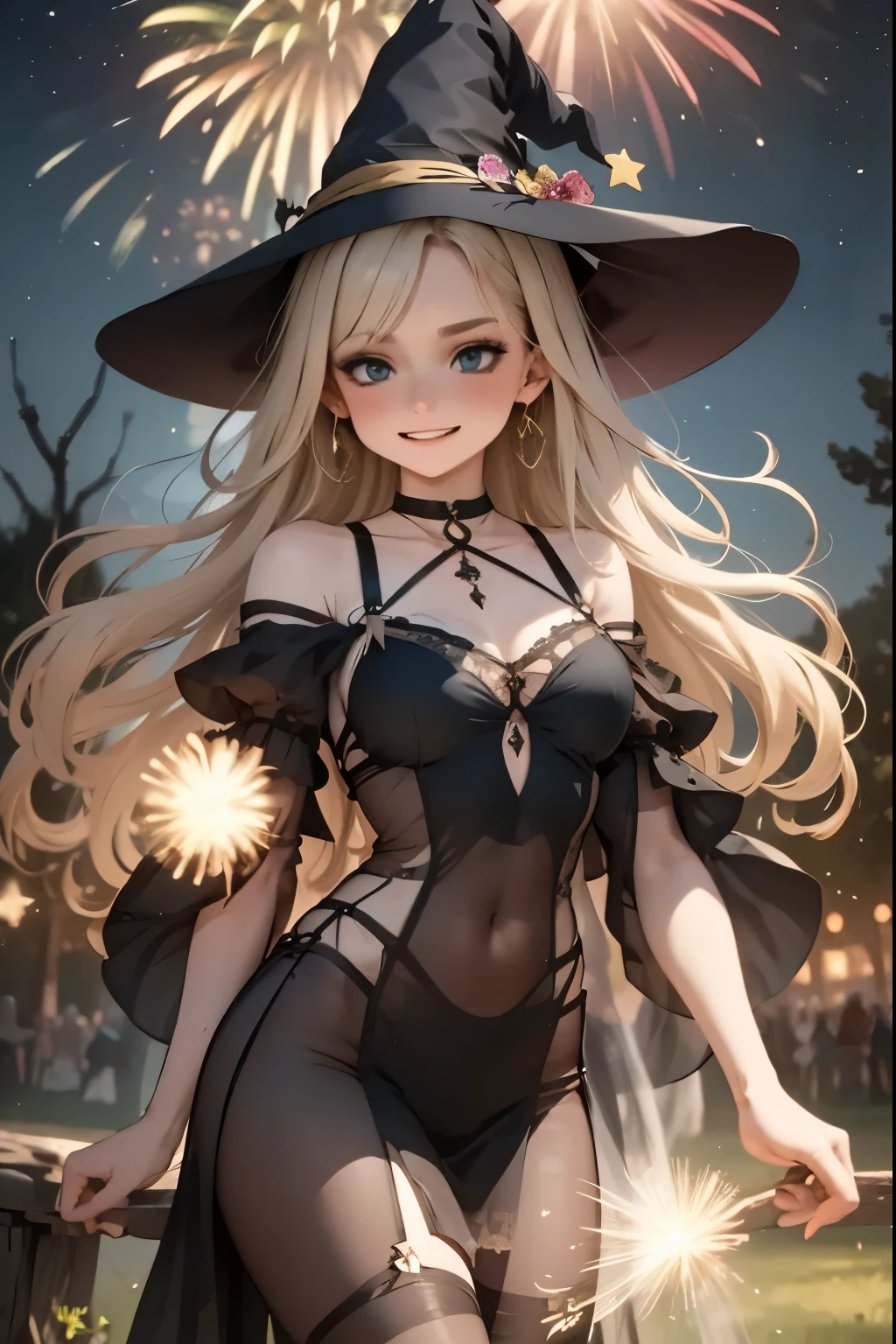 A friendly witch dances amidst the summer fireworks, summoning luminous creatures that blend with the explosive colors in the sky.