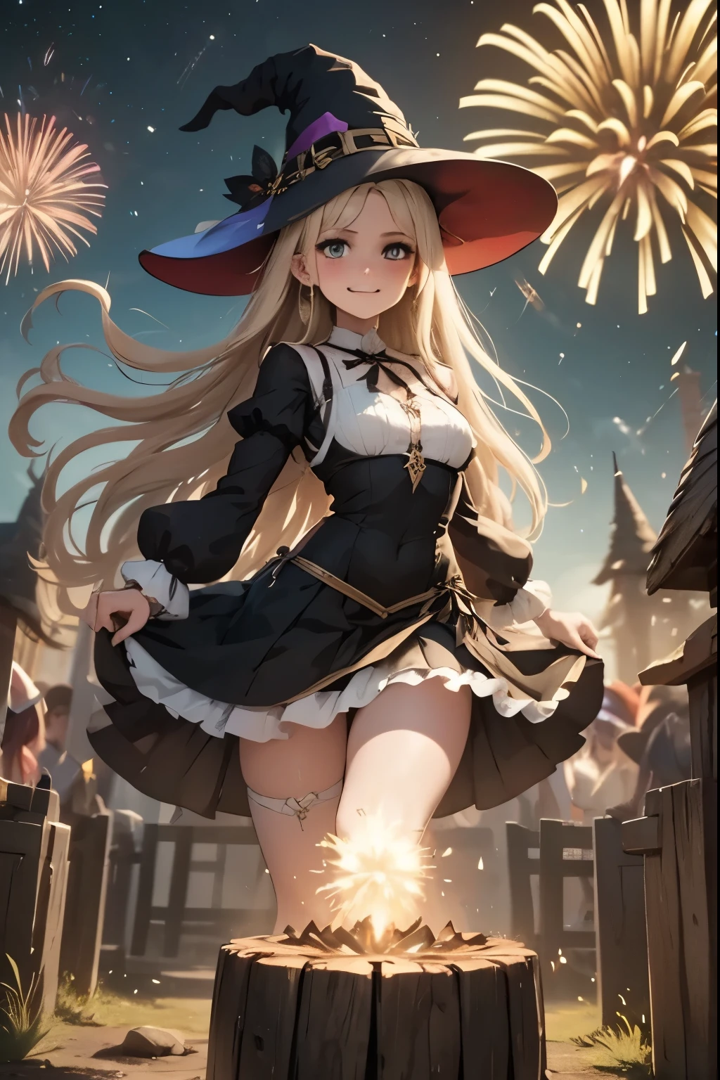 A friendly witch dances amidst the summer fireworks, summoning luminous creatures that blend with the explosive colors in the sky.