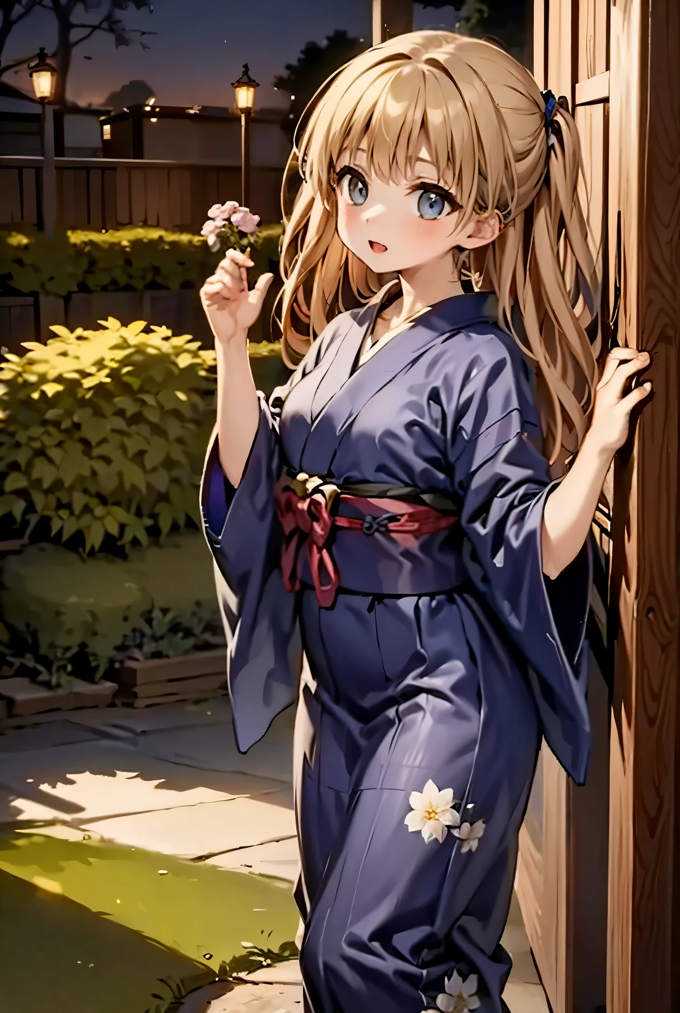 In a moonlit Zen garden, the witch in a midnight-blue yukata makes flowers bloom that sing arcane melodies.