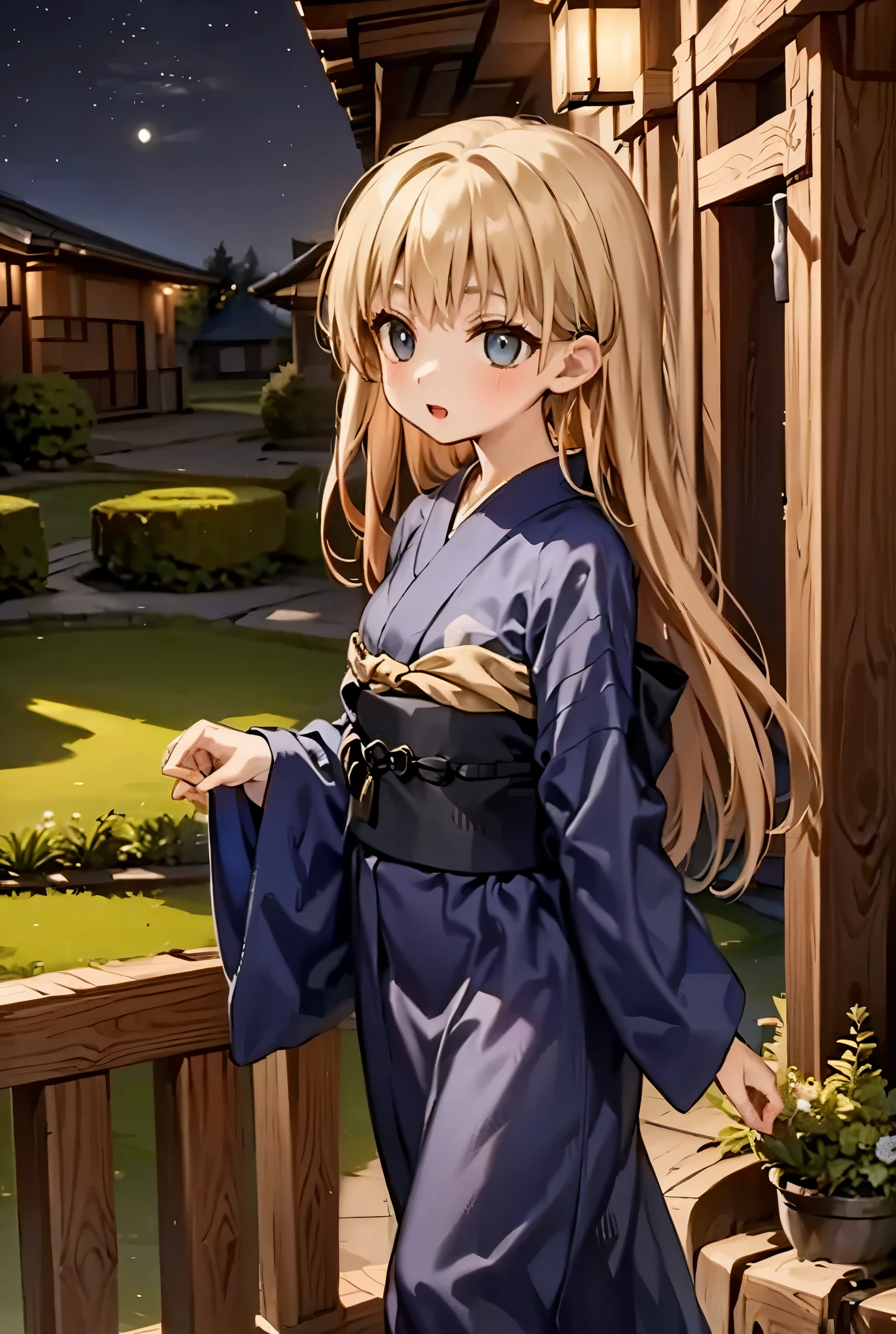 In a moonlit Zen garden, the witch in a midnight-blue yukata makes flowers bloom that sing arcane melodies.