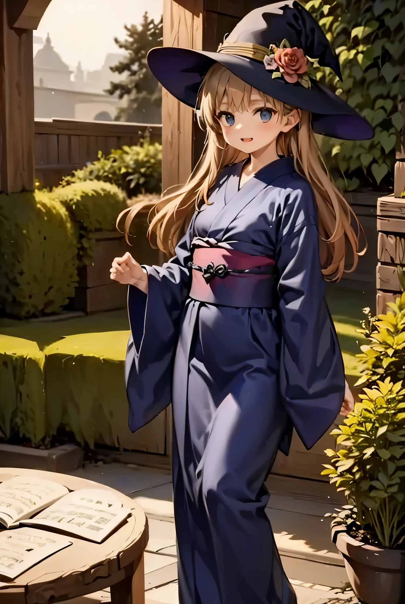 In a moonlit Zen garden, the witch in a midnight-blue yukata makes flowers bloom that sing arcane melodies.