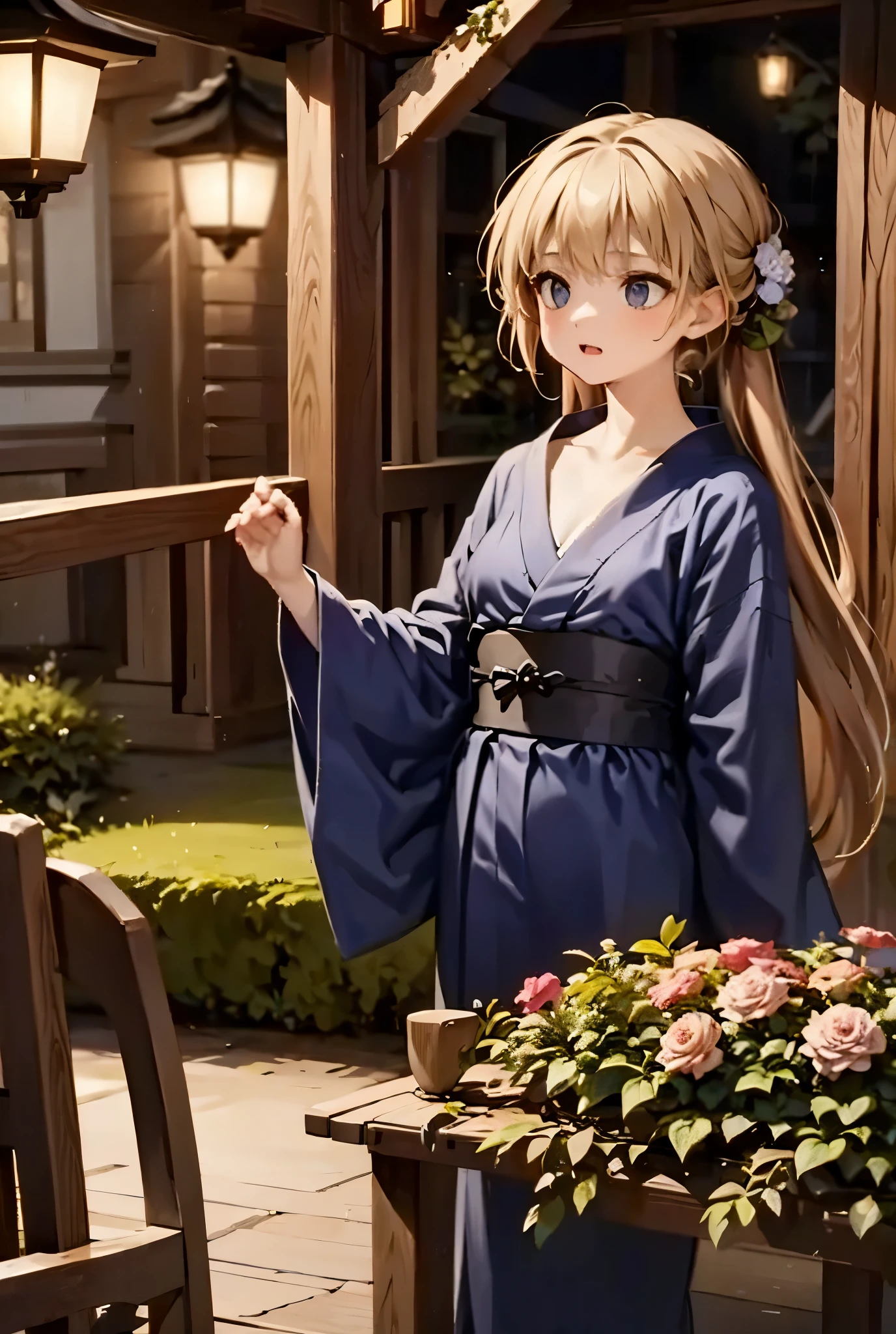 In a moonlit Zen garden, the witch in a midnight-blue yukata makes flowers bloom that sing arcane melodies.