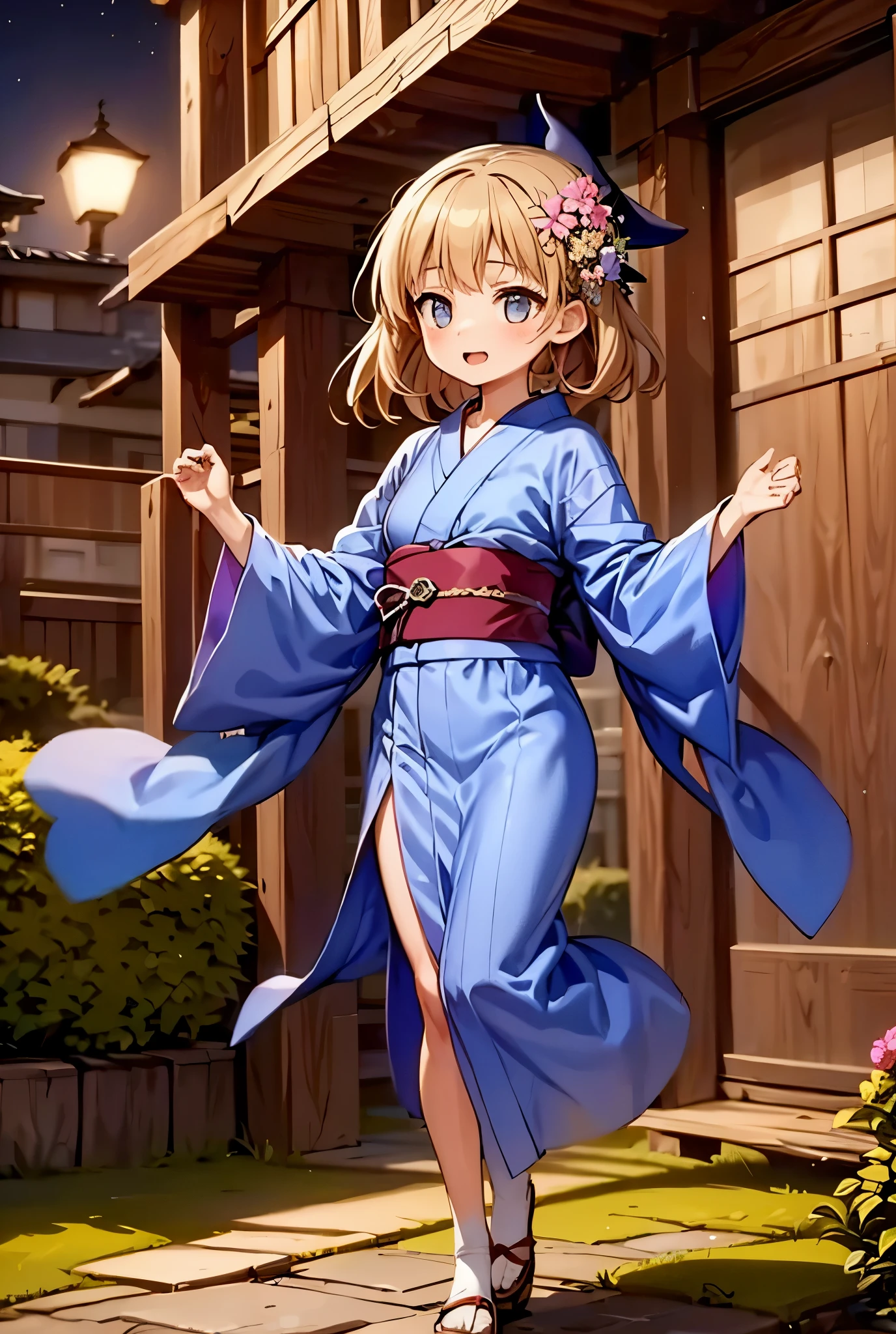 In a moonlit Zen garden, the witch in a midnight-blue yukata makes flowers bloom that sing arcane melodies.
