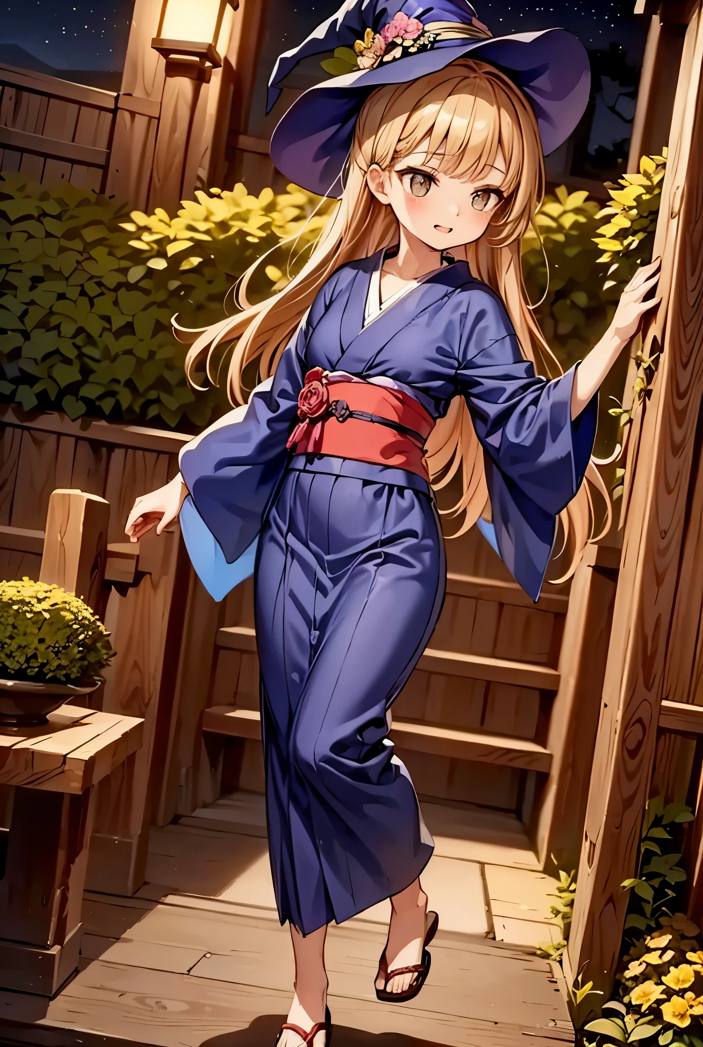 In a moonlit Zen garden, the witch in a midnight-blue yukata makes flowers bloom that sing arcane melodies.