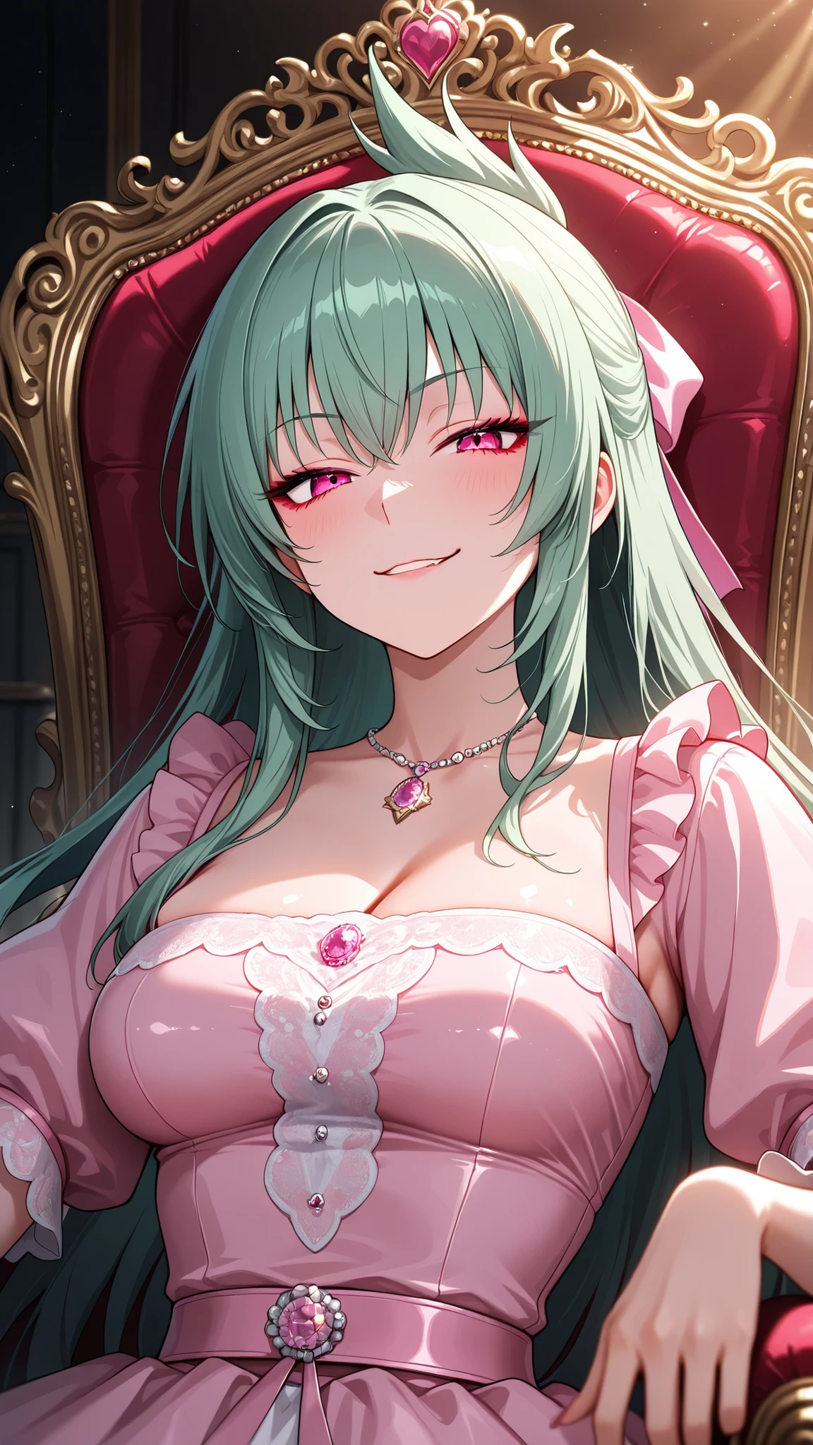 solo, kanzaki_saya, long hair, green hair, mature woman, Tight waist、Small waist、shiny Skin , (upper body), wearing an adorable pastel-pink ball gown adorned with lace, frills and tiny gemstone accents, sitting gracefully on a velvet throne, her eyes narrowed in a sly, She has a mischievous and evil smirk on her face as if she is plotting something, soft cinematic lighting, ultra-detailed illustration, vibrant colors, 8K, masterpiece, illustration,