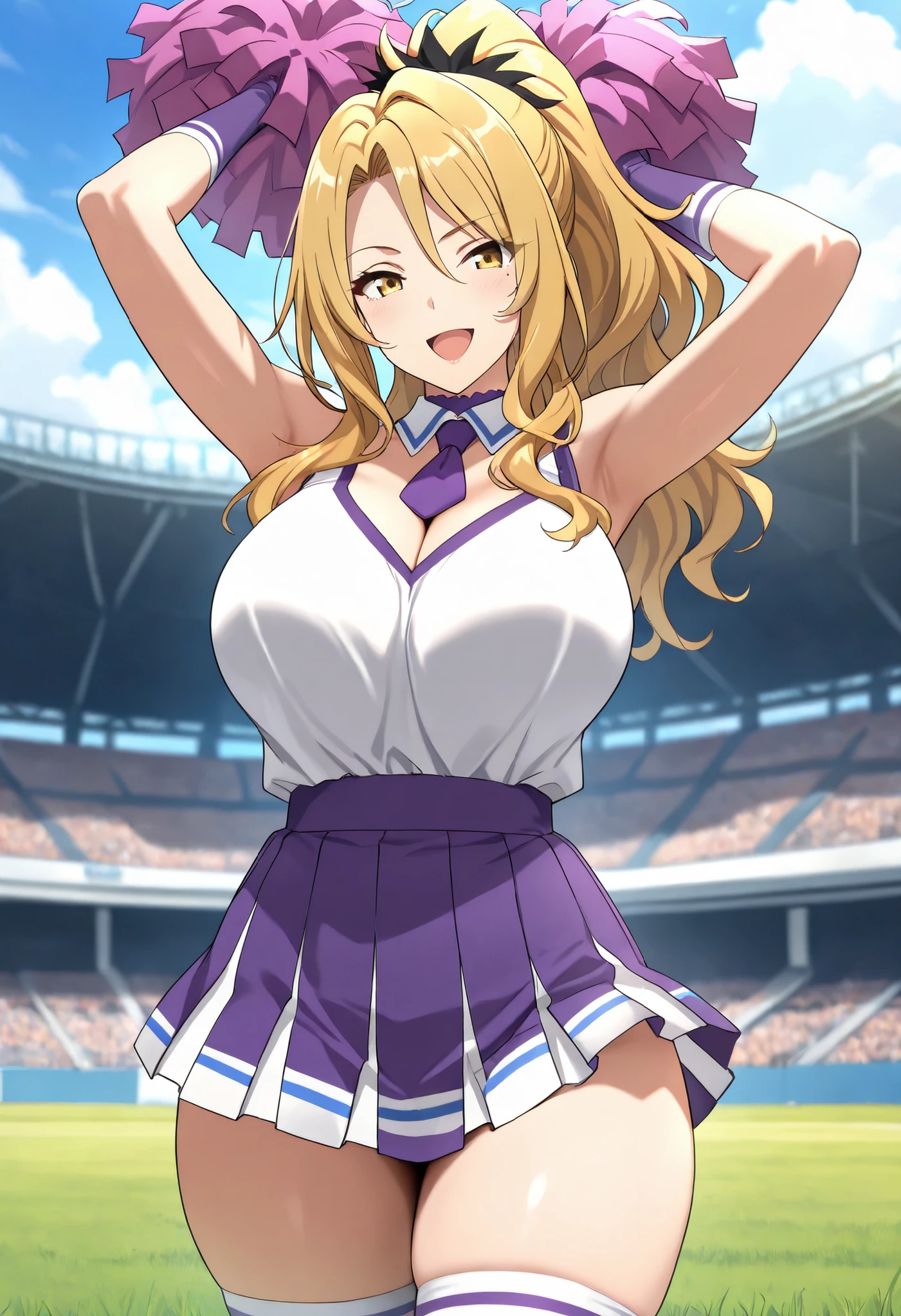 (best quality, masterpiece, ultra detailed, high resolution), Beautiful , score_9, anime style, Masterpiece, best quality, Christina, blonde hair, long hair, ponytail, yellow eyes, looking at viewer, mature female, , purple choker, detached collar, cleavage, thick thighs, look at viewer, smiling,  shoulders, purple gloves, purple necktie, , : two-tone shirt , white shirt , cheerleader costume, cheerleader , , midriff, shirt tucked in, crop top, purple skirt, micro skirt ,mini skirt, frontal view, , focus on face, lawn background, grass, outdoors, blurry background, white stocking,  arms up, armpits, :D