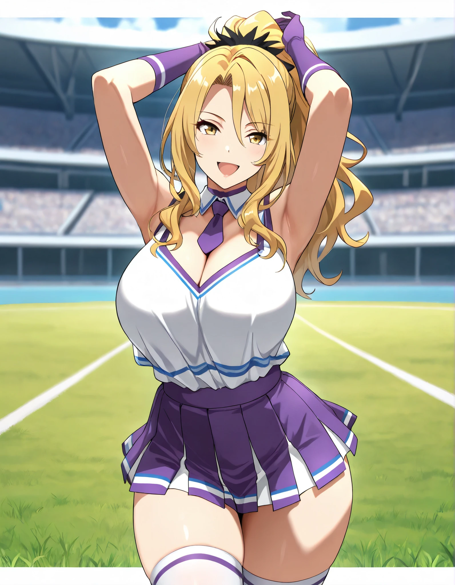 (best quality, masterpiece, ultra detailed, high resolution), Beautiful , score_9, anime style, Masterpiece, best quality, Christina, blonde hair, long hair, ponytail, yellow eyes, looking at viewer, mature female, , purple choker, detached collar, cleavage, thick thighs, look at viewer, smiling, shoulders, purple gloves, purple necktie, , : two-tone shirt , white shirt , cheerleader costume, cheerleader , , midriff, shirt tucked in, crop top, purple skirt, micro skirt ,mini skirt, frontal view, , focus on face, lawn background, grass, outdoors, blurry background, white stocking, arms up, armpits, :D, UPPER BODY,