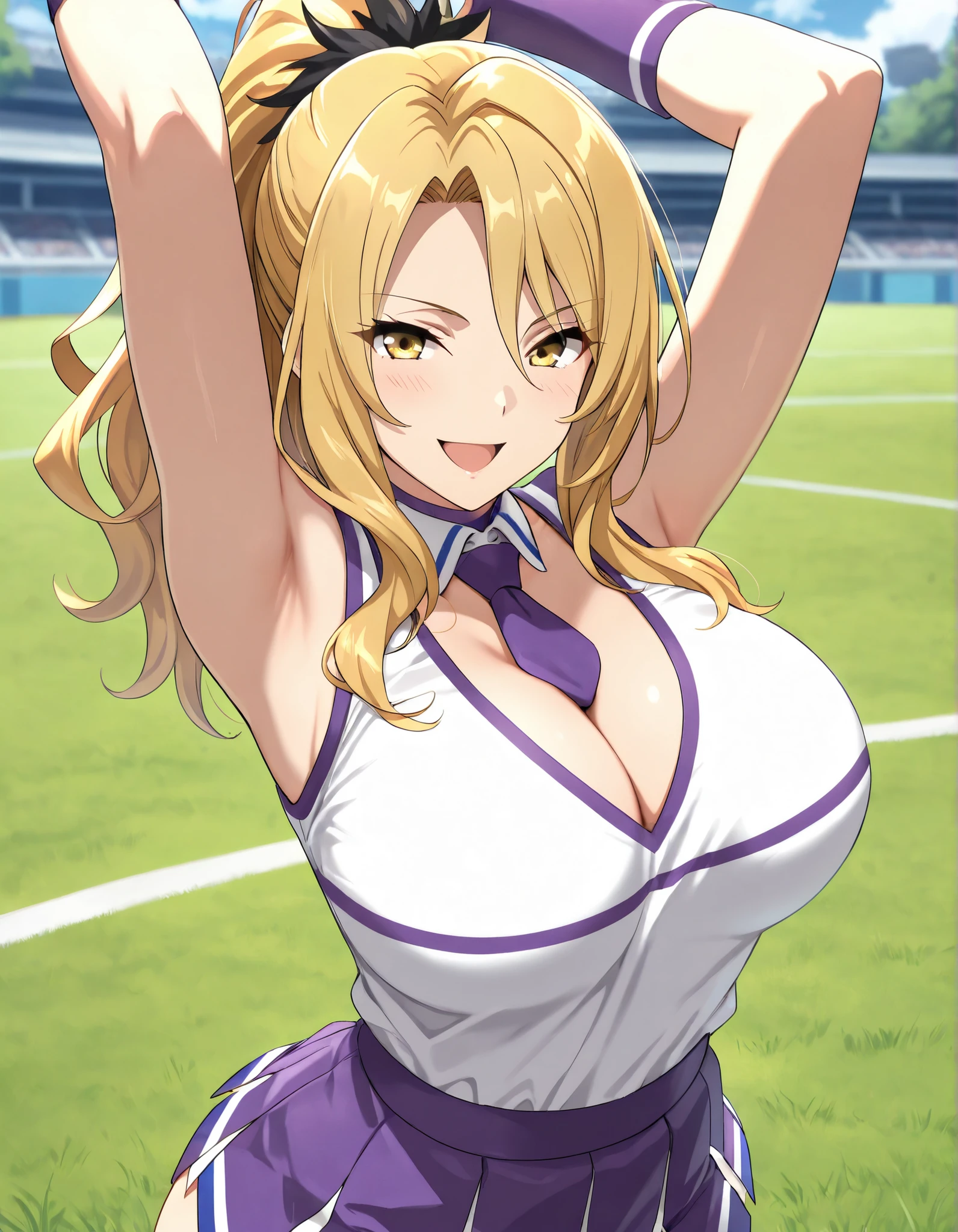 (best quality, masterpiece, ultra detailed, high resolution), Beautiful , score_9, anime style, Masterpiece, best quality, Christina, blonde hair, long hair, ponytail, yellow eyes, looking at viewer, mature female, , purple choker, detached collar, cleavage, thick thighs, look at viewer, smiling,  shoulders, purple gloves, purple necktie, , : two-tone shirt , white shirt , cheerleader costume, cheerleader , , midriff, shirt tucked in, crop top, purple skirt, micro skirt ,mini skirt, frontal view, , focus on face, lawn background, grass, outdoors, blurry background, white stocking,  arms up, armpits, :D, UPPER BODY, 