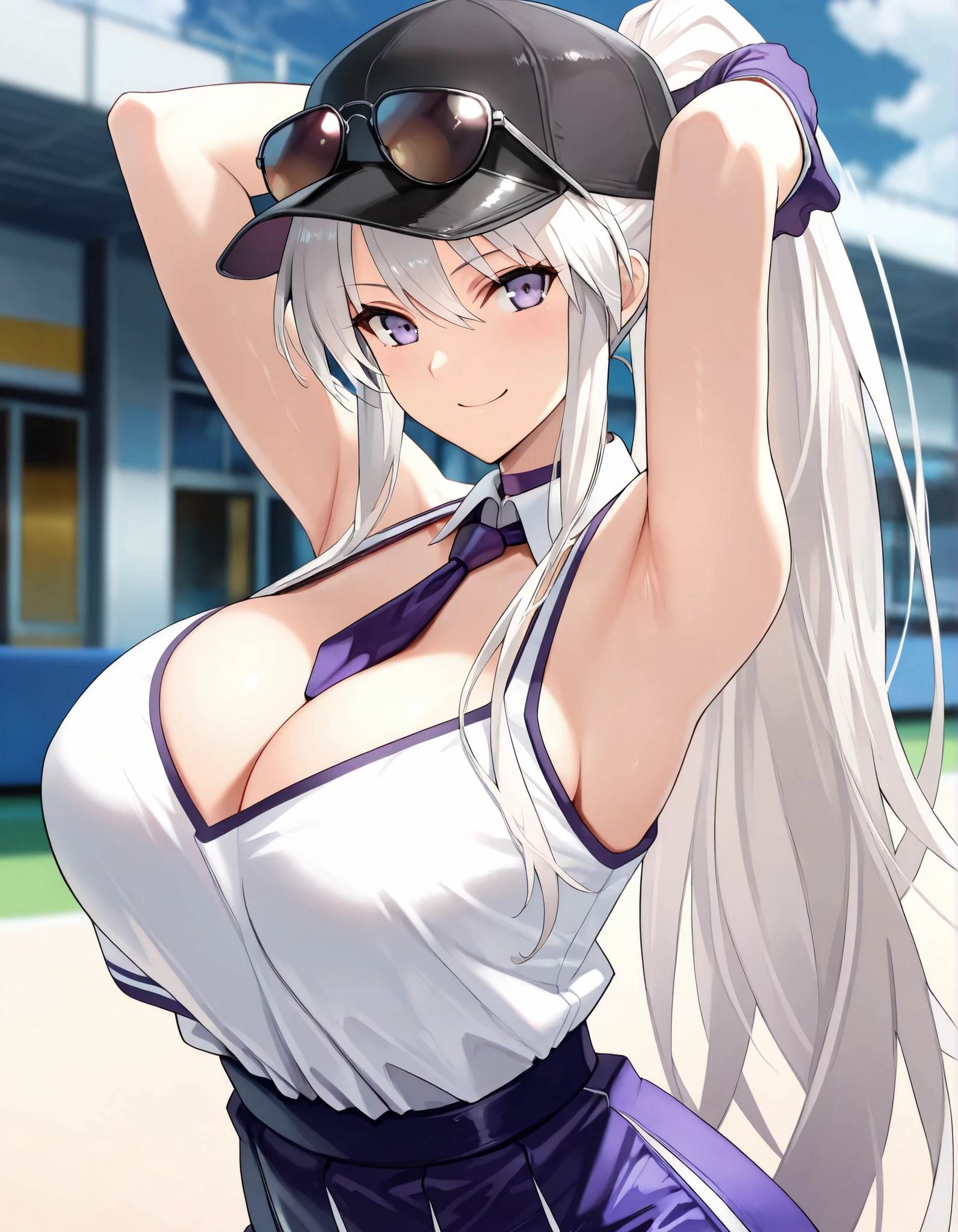 (best quality, masterpiece, ultra detailed, high resolution), Beautiful , tall, score_9, anime style, Masterpiece, best quality, Enterprise(Azur lane), enterprise_biburystyle, 1girl, purple necktie, solo,, long hair,, ,, purple choker, detached collar, cleavage, thick thighs, look at viewer, smiling, bare shoulders, purple gloves, baseball cap, purple necktie, purple pom-pom, two-tone shirt , white shirt , cheerleader costume, cheerleader , Big breasts, midriff, shirt tucked in, crop top, long hairpurple eyes,white hair,cleavage,ponytail,sunglasses, arms up,